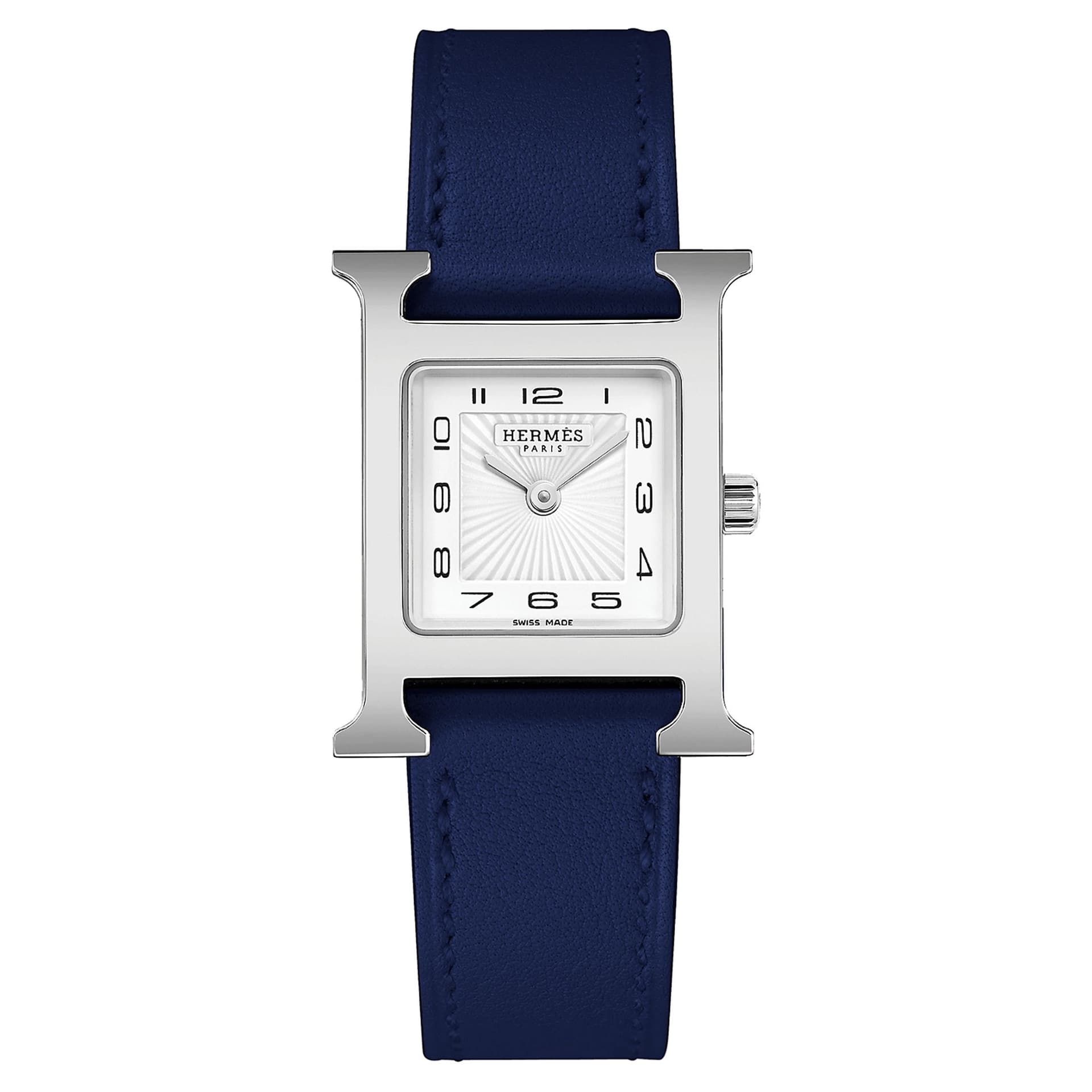 Hermès Montre HERMÈS Heure H Petit Modèle quartz cadran blanc bracelet cuir bleu 25 mm