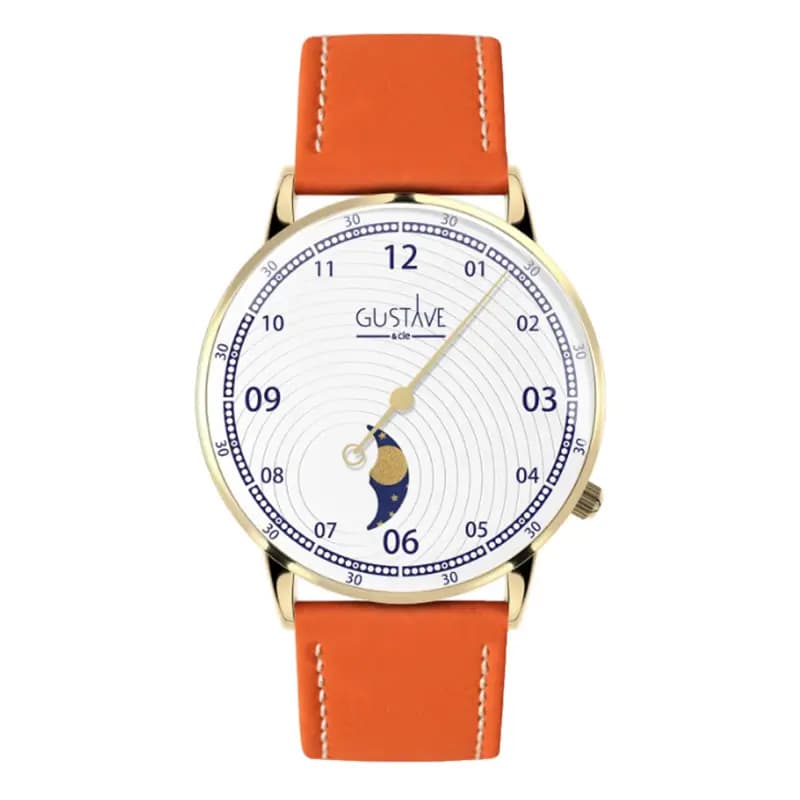 Gustave & Cie Montre 12H Georges Or & Blanc Cuir Orange Clémentine Surpiqué 36mm