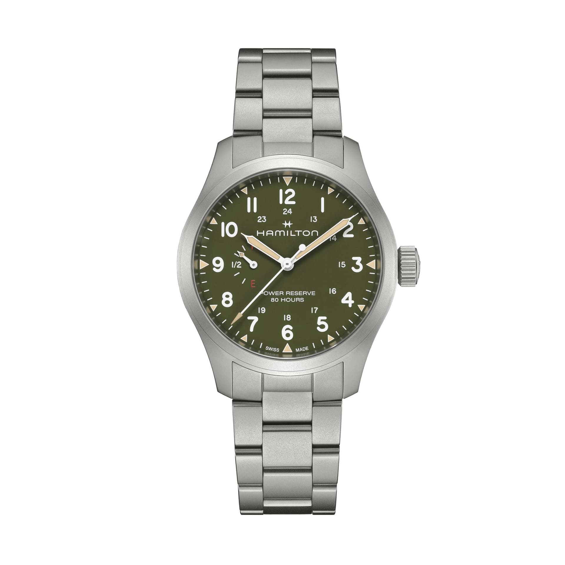 Hamilton Montre Hamilton Khaki Field Power Reserve cadran kaki bracelet acier 40 mm
