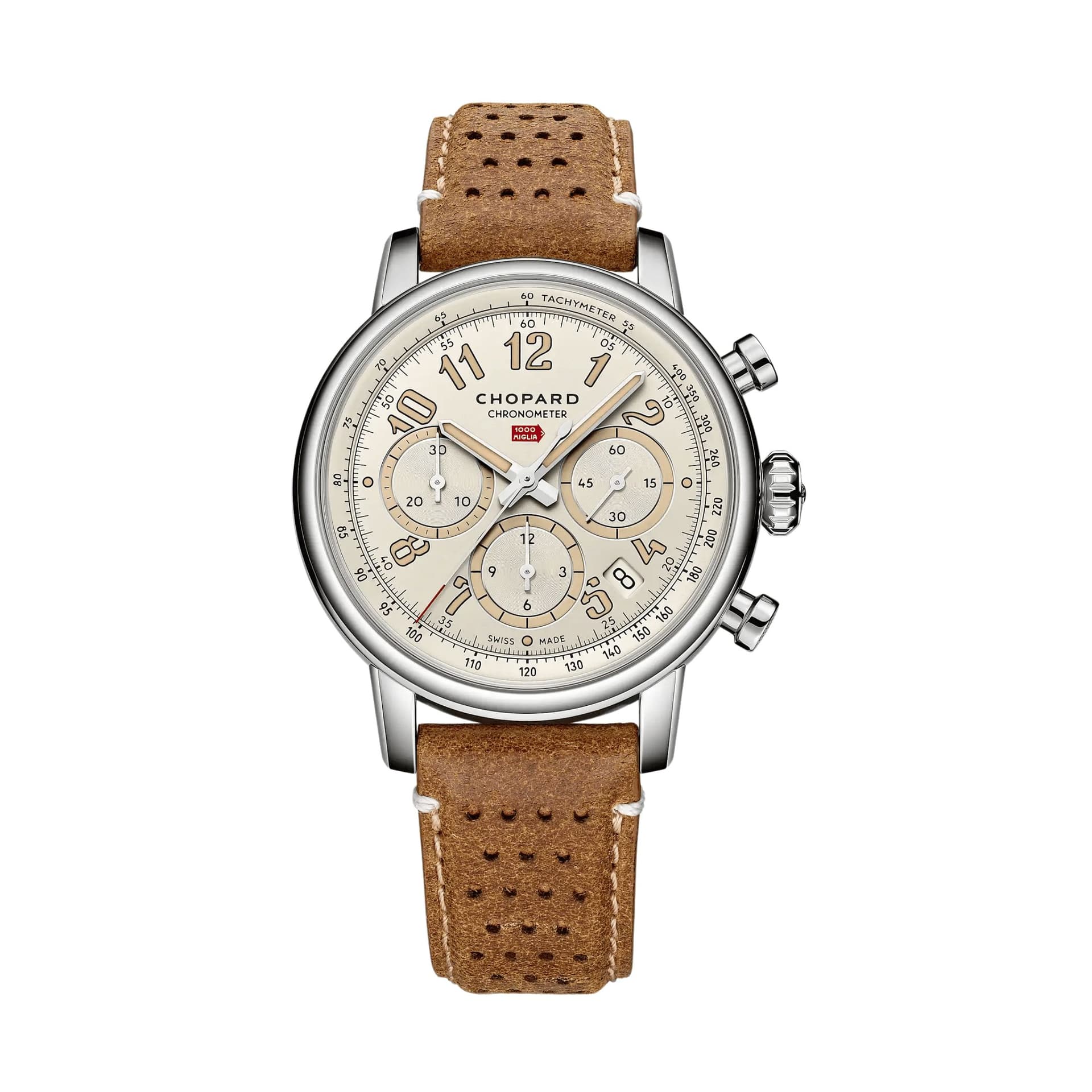 Chopard Montre Chopard Mille Miglia Classic Chronographe Raticosa titane cadran beige bracelet cuir brun 40,5 mm