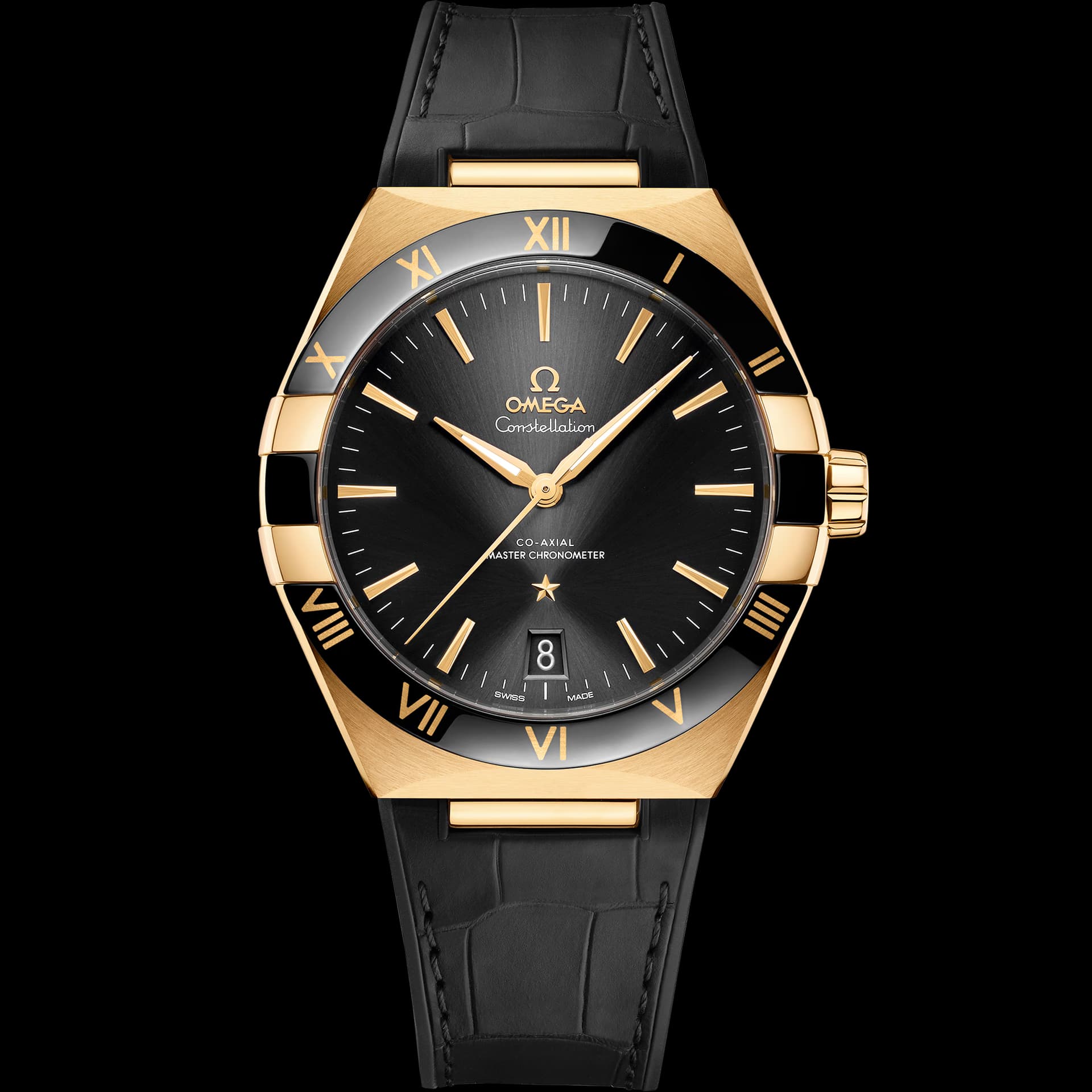 Omega Constellation 41 mm, or jaune sur bracelet en cuir
