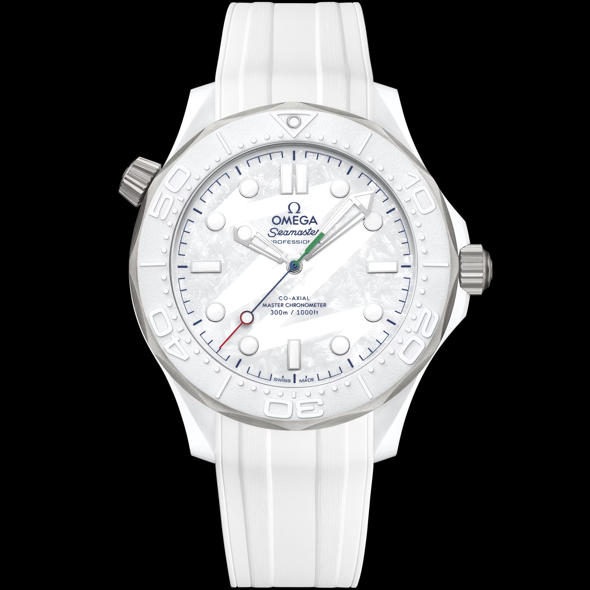 Omega Seamaster 43,5 mm, céramique blanche - titane sur bracelet caoutchouc