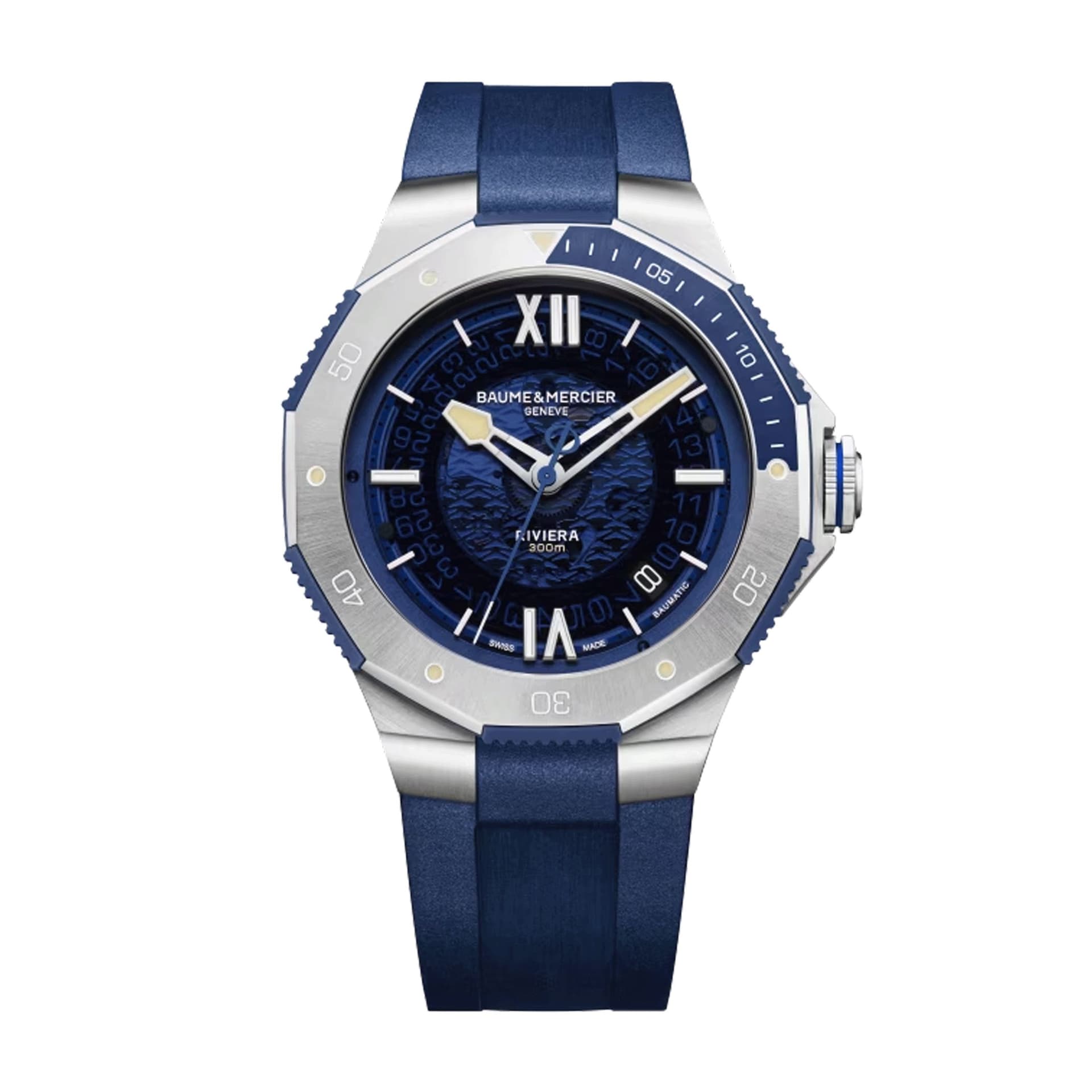 Baume & Mercier Montre Baume et Mercier Riviera automatique cadran bleu bracelet caoutchouc bleu 42 mm