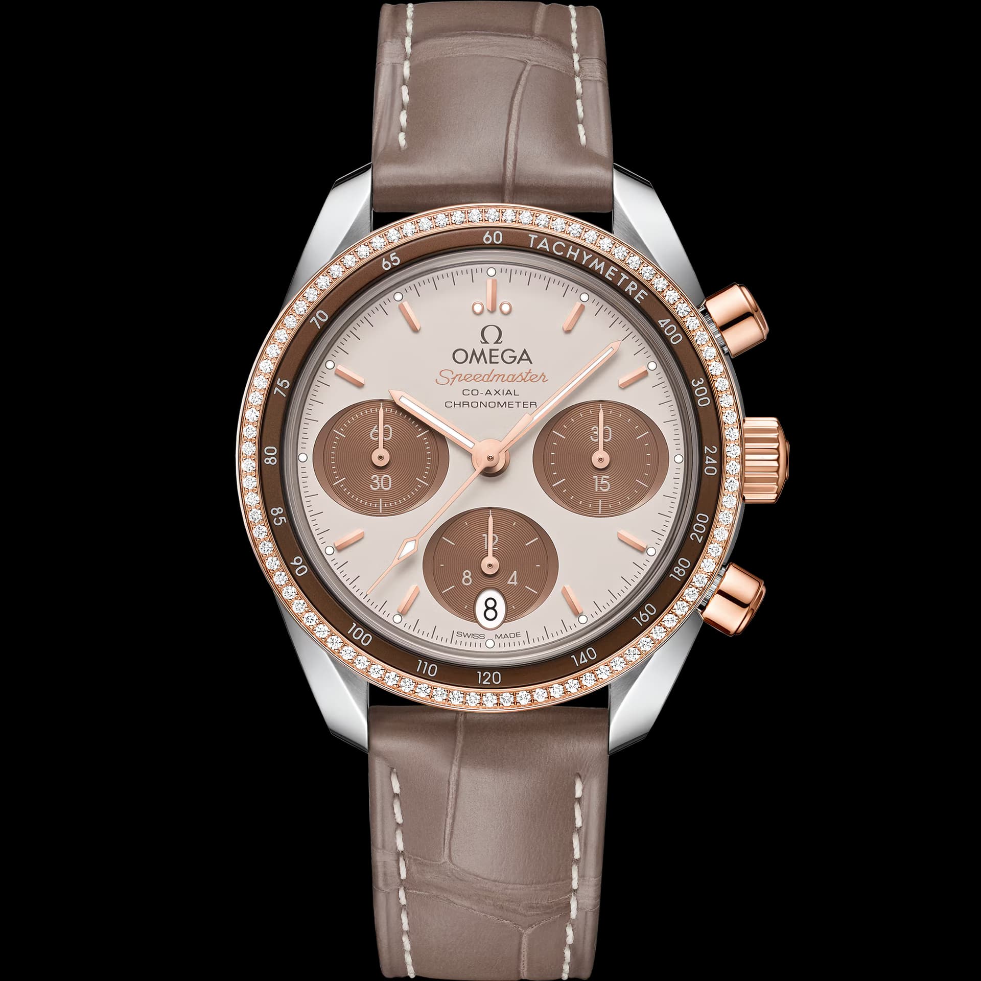 Omega Speedmaster 38 mm, acier - or « Sedna™ » sur bracelet en cuir
