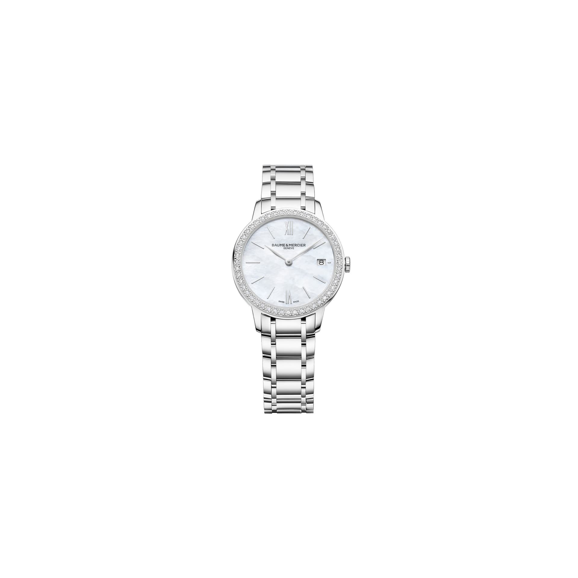 Baume & Mercier Montre Baume et Mercier Classima quartz lunette sertie cadran nacre bracelet acier 31 mm