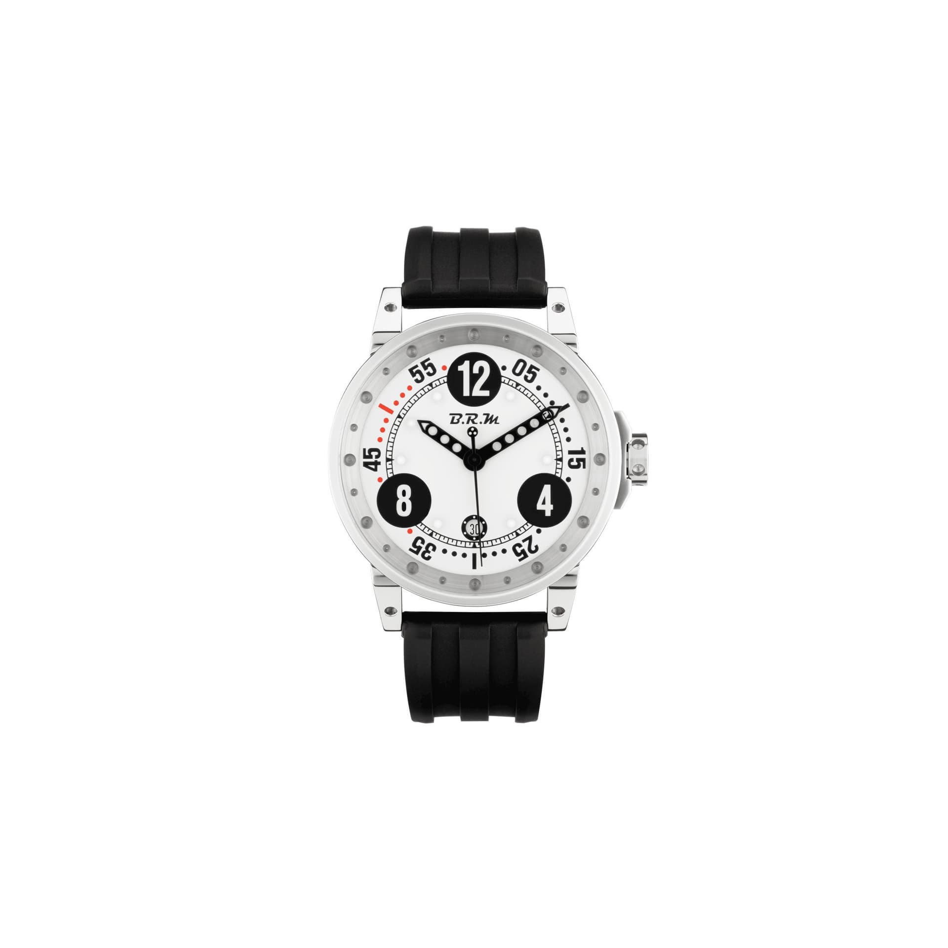 BRM Montre BRM V6 automatique inox cadran blanc aiguilles noires bracelet caoutchouc 44 mm