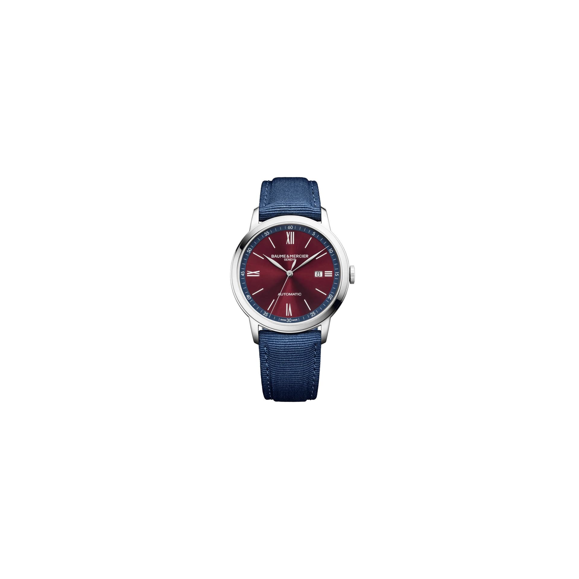 Baume & Mercier Montre Baume et Mercier Classima automatique cadran bordeaux bracelet toile bleu 42 mm