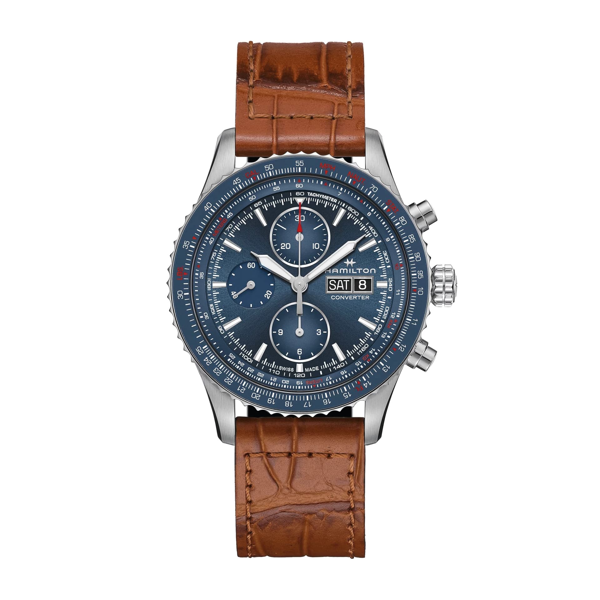Hamilton Montre Hamilton Khaki Aviation Converter Chrono automatique cadran bleu bracelet cuir brun 44 mm