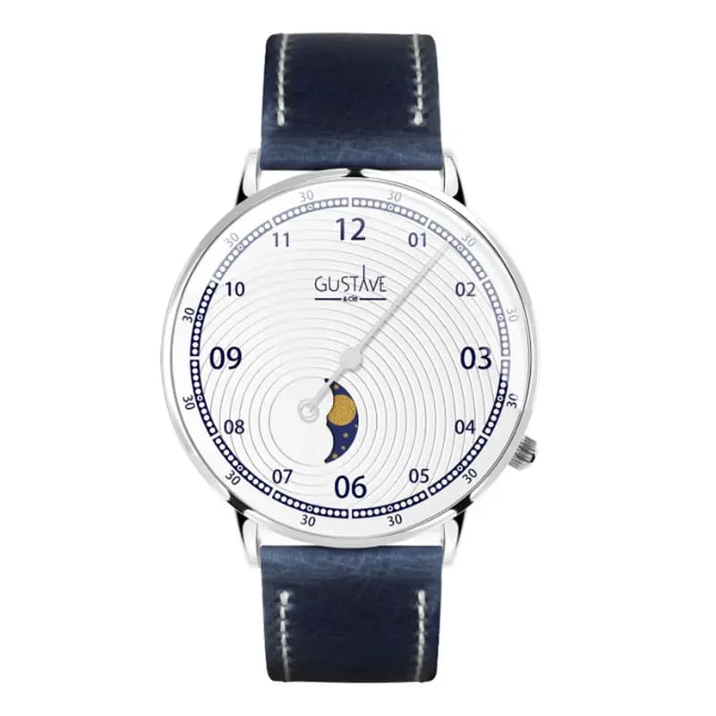 Gustave & Cie Montre 12H Georges Argent et Blanc PU Végétal Bleu Surpiqué 40mm
