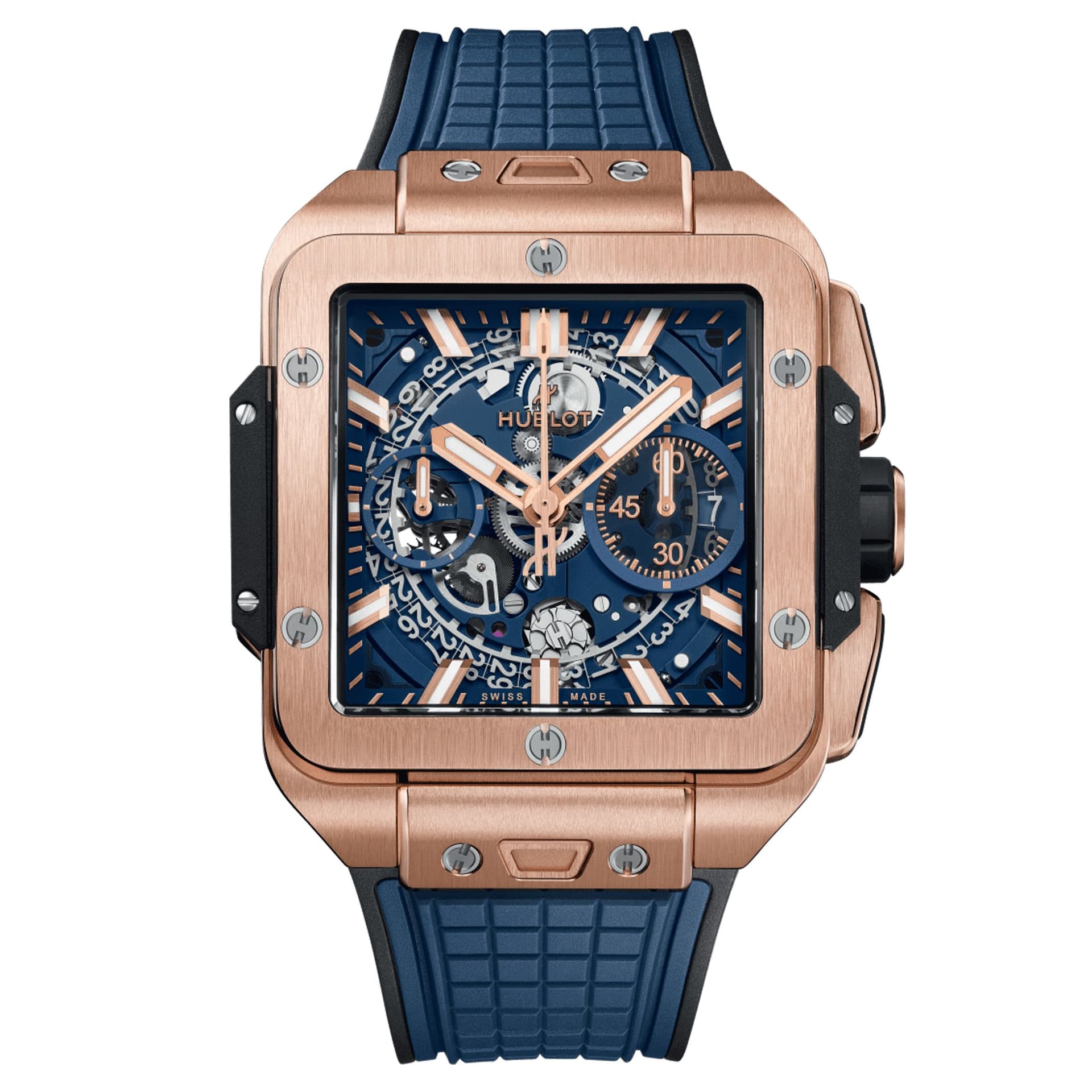 Hublot Montre Hublot Square Bang Unico King Gold Blue automatique cadran squelette bracelet caoutchouc bleu 42 mm