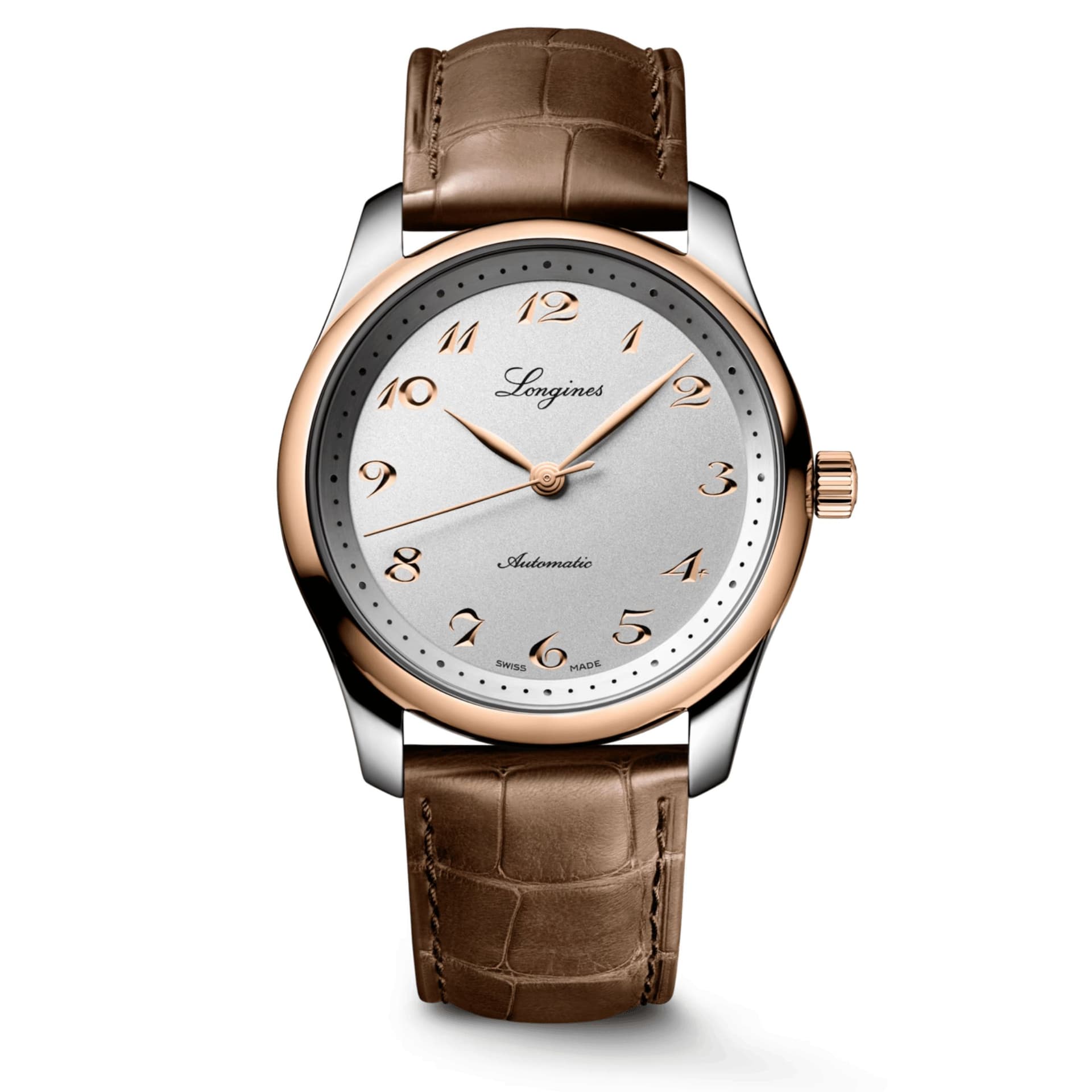 Longines Montre Longines Master Collection auto acier et coiffe or rose cadran argent bracelet cuir marron 40 mm