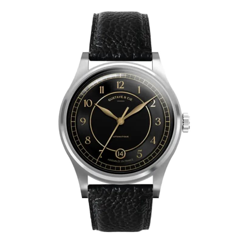 Gustave & Cie Montre 12H Charles Argent & Noir Cuir Noir Grainé 38mm
