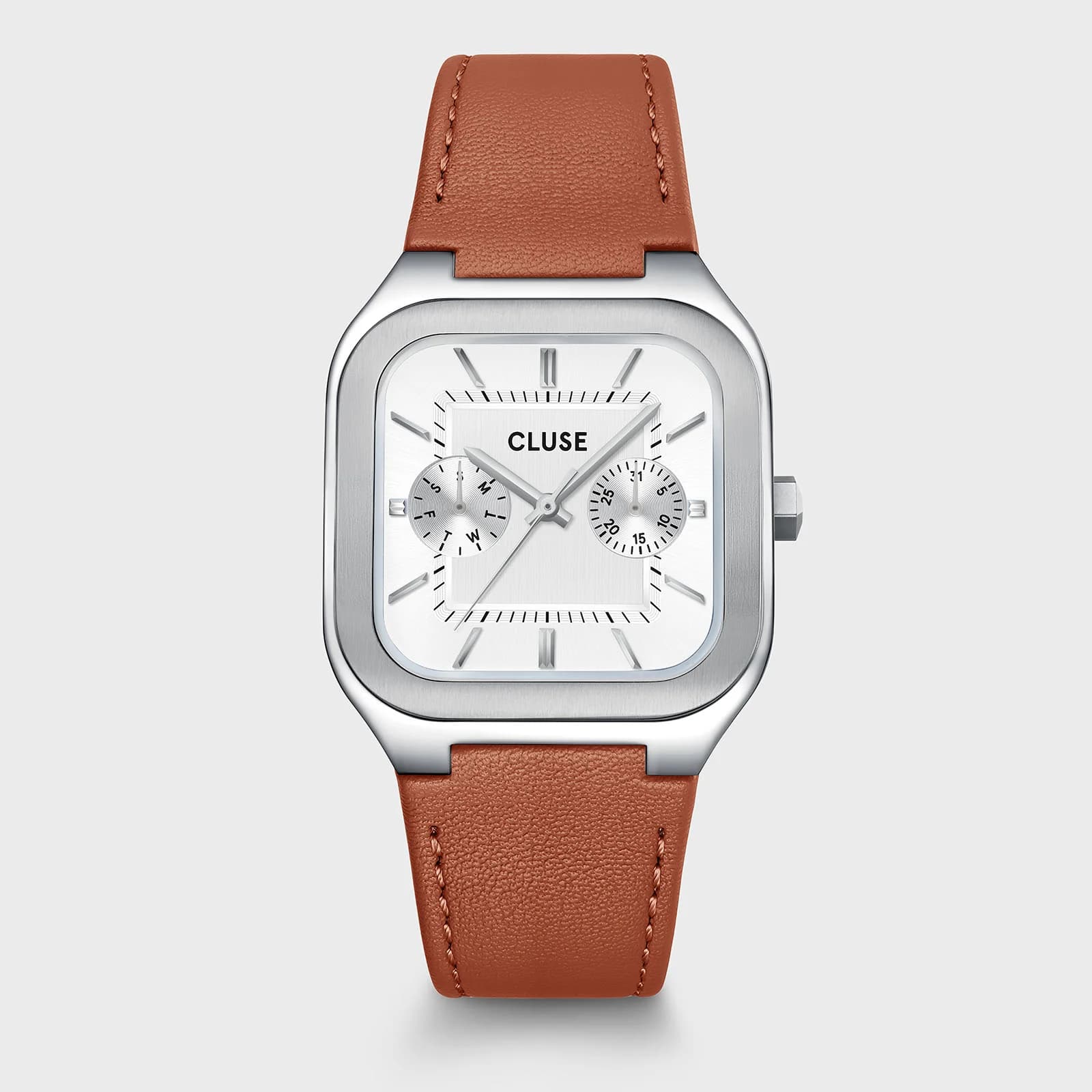 Cluse Quadrus Multifunction Watch Leather, Light Brown, Silver Colour