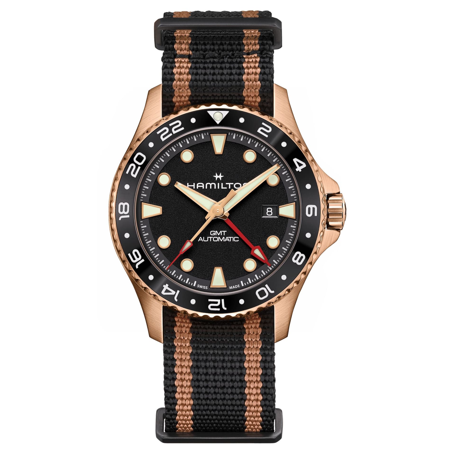 Hamilton Montre Hamilton Khaki Navy Scuba automatique GMT cadran noir bracelet NATO noir et doré 43 mm