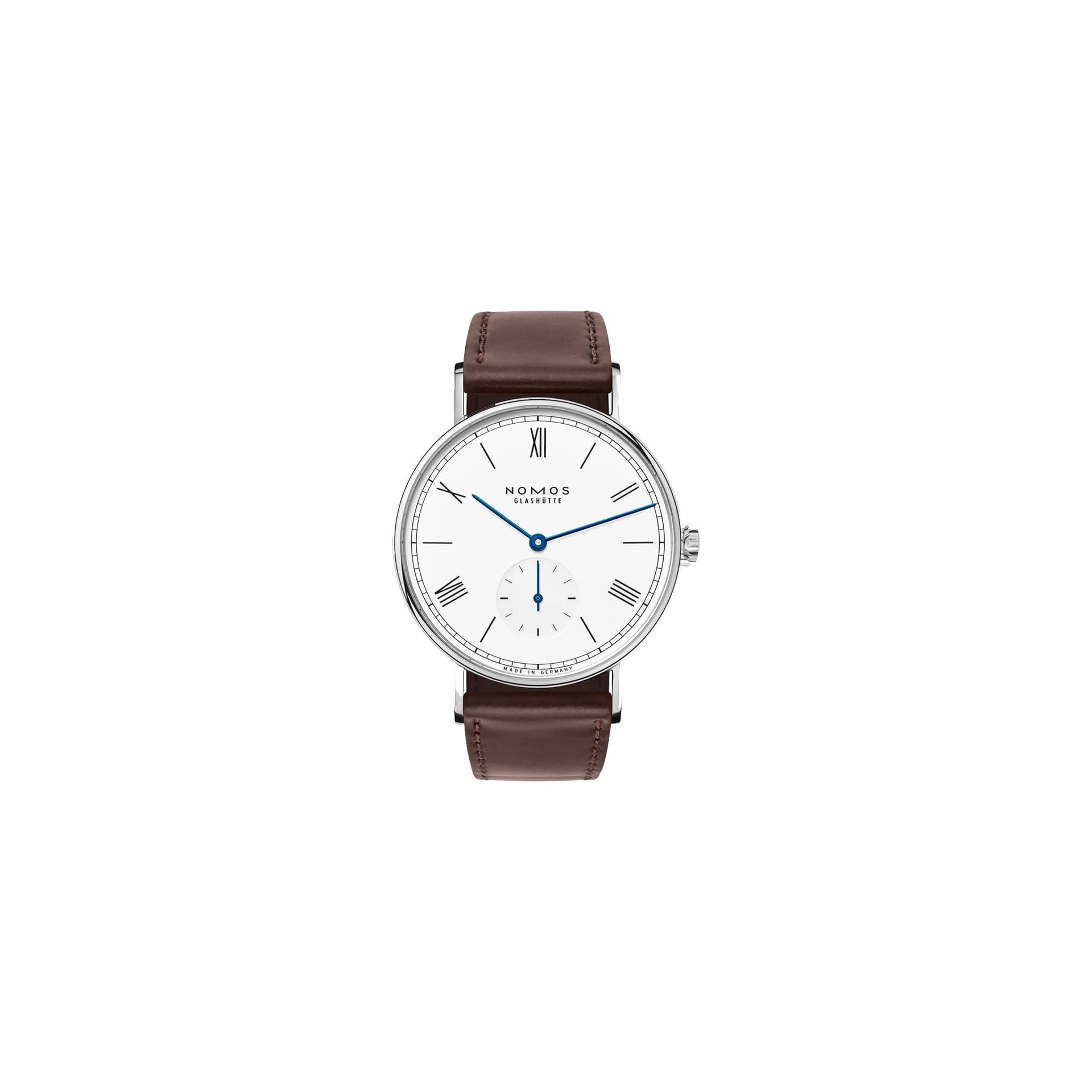 Nomos Montre NOMOS Ludwig 38 mécanique cadran blanc émail bracelet cuir brun 37,5 mm