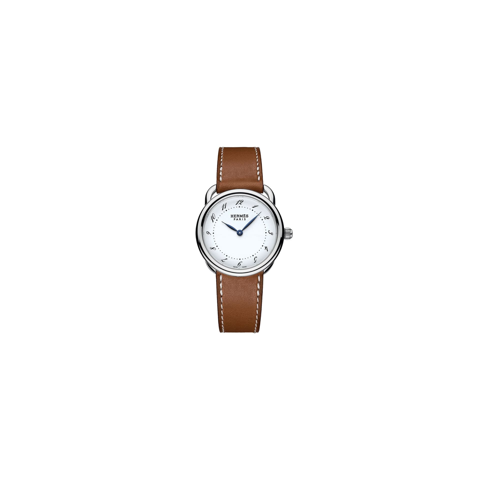 Hermès Montre HERMÈS Arceau Petit Modèle quartz cadran blanc mat bracelet cuir marron 28 mm