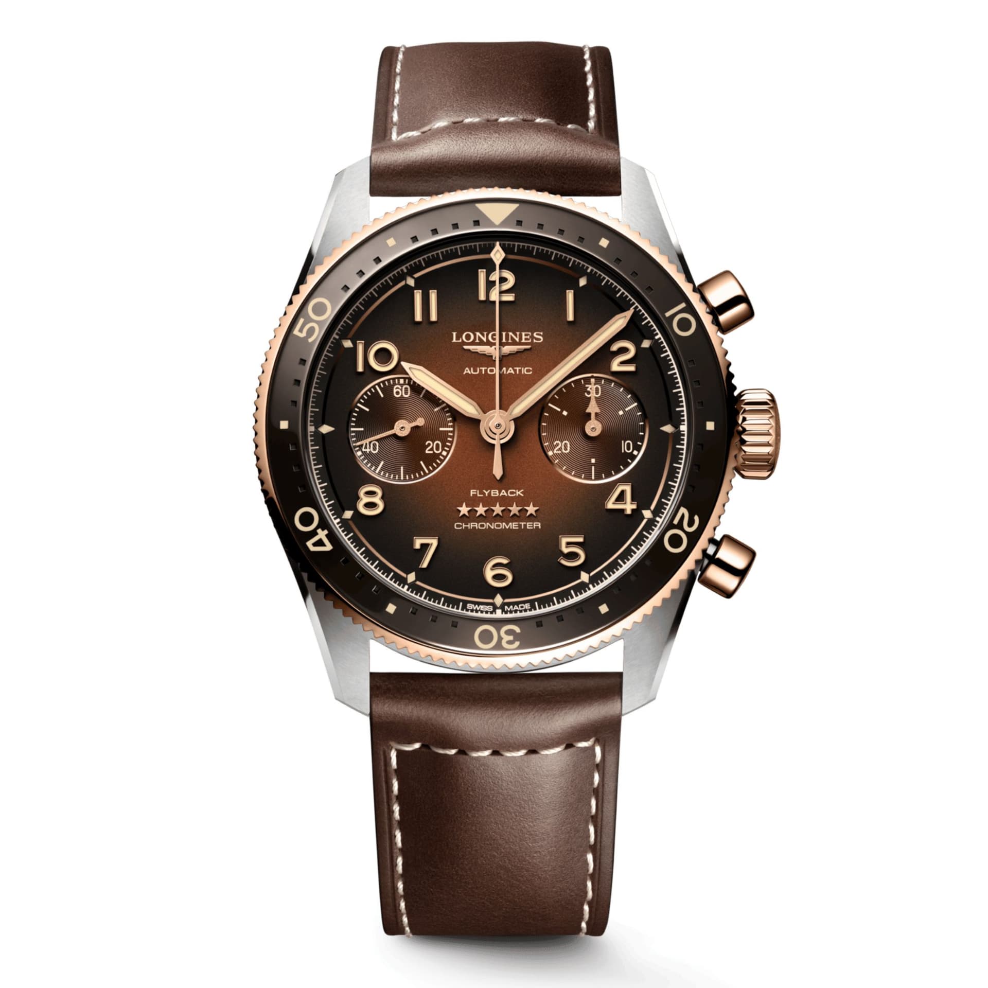 Longines Montre Longines Spirit Flyback automatique chronographe cadran brun bracelet cuir brun 42 mm