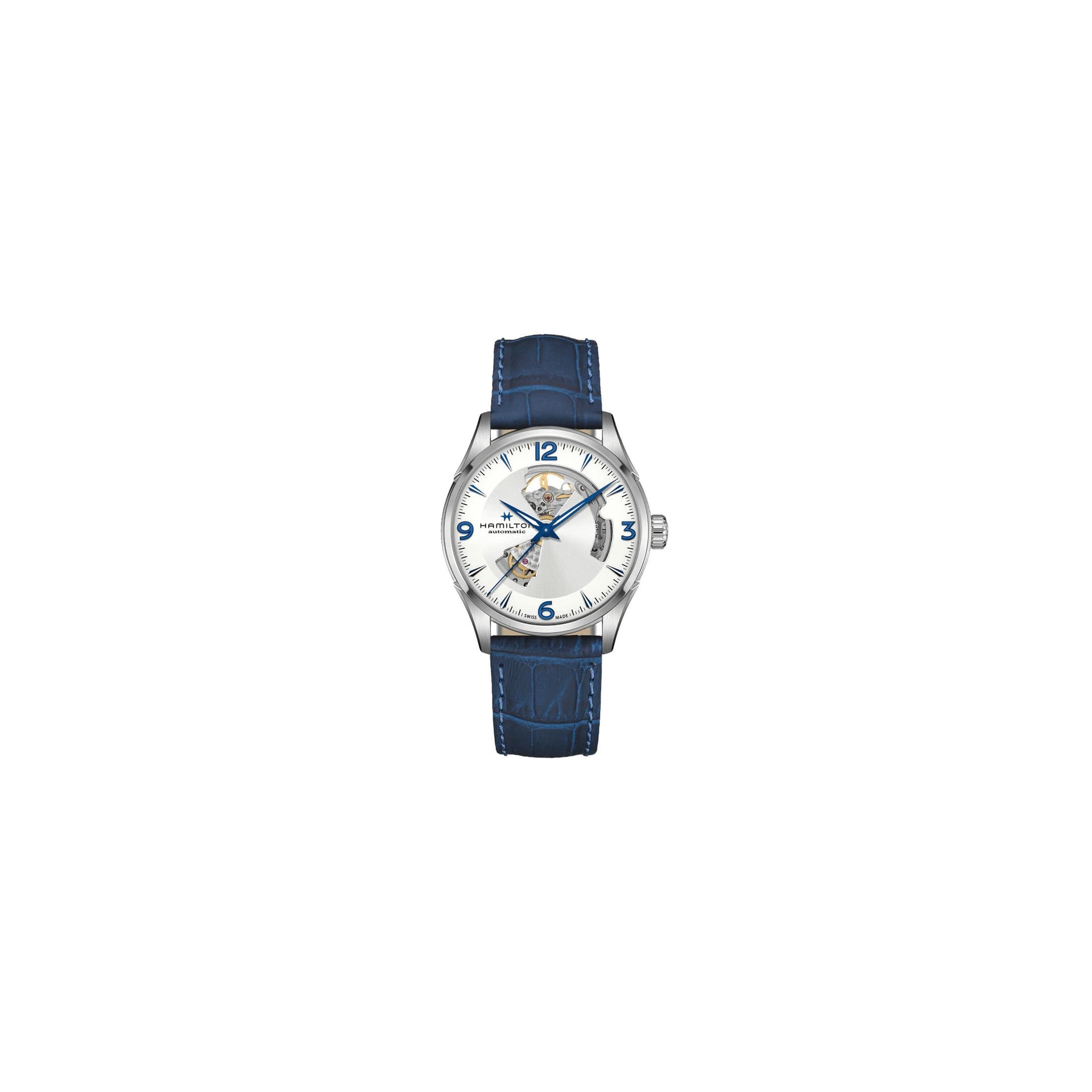 Hamilton Montre Hamilton Jazzmaster Open Heart automatique cadran argent bracelet cuir bleu 42 mm