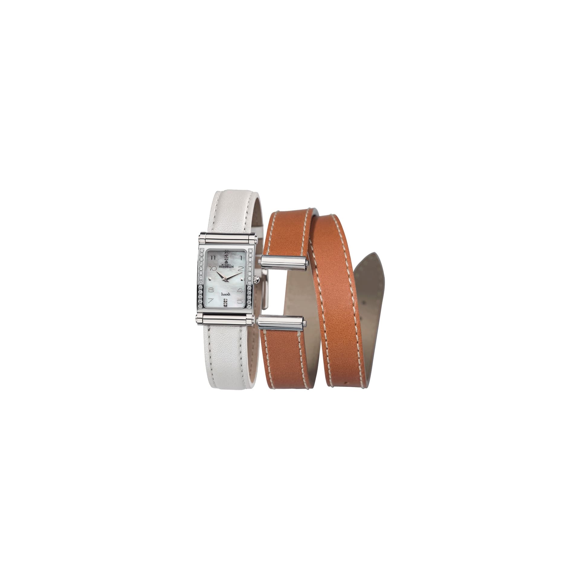 Michel Herbelin Montre Michel Herbelin Coffret Antarès quartz acier serti diamants cadran nacre bracelets cuir blanc et brun
