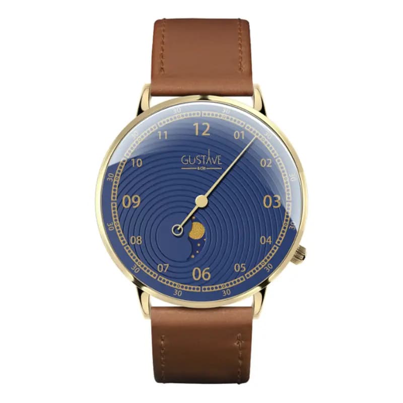 Gustave & Cie Montre 12H Georges Or & Bleu Cuir Marron Havane Surpiqué 40mm