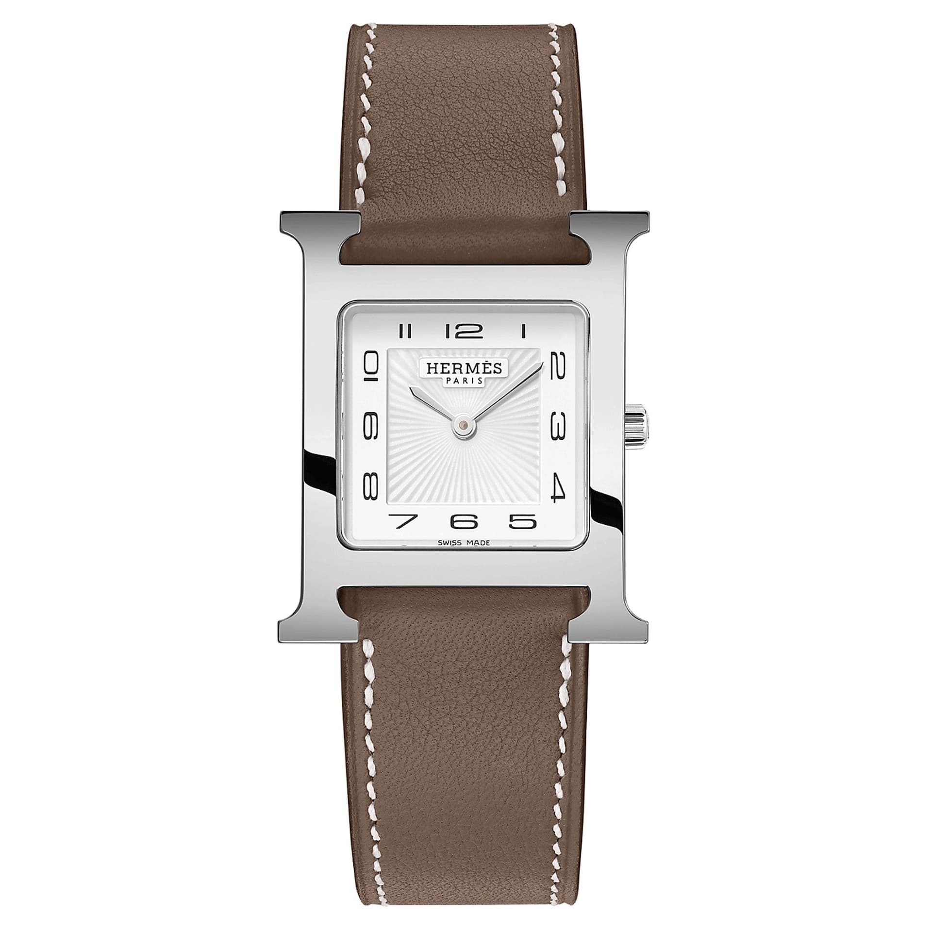 Hermès Montre HERMÈS Heure H Moyen Modèle quartz cadran blanc bracelet cuir taupe 30 mm