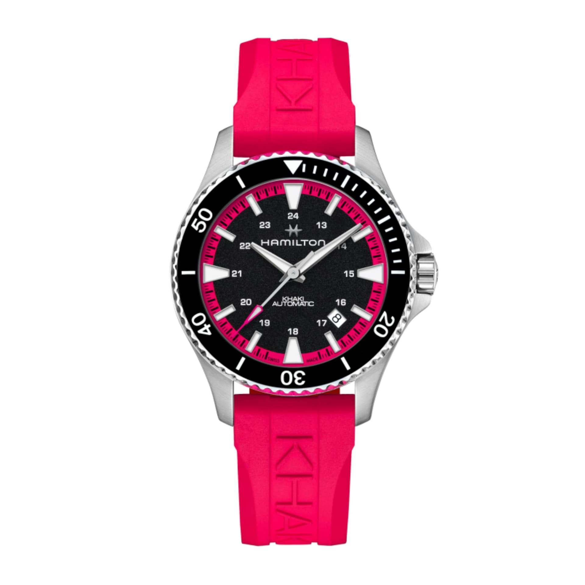 Hamilton Montre Hamilton Khaki Navy Scuba automatique cadran noir bracelet caoutchouc rose 40 mm