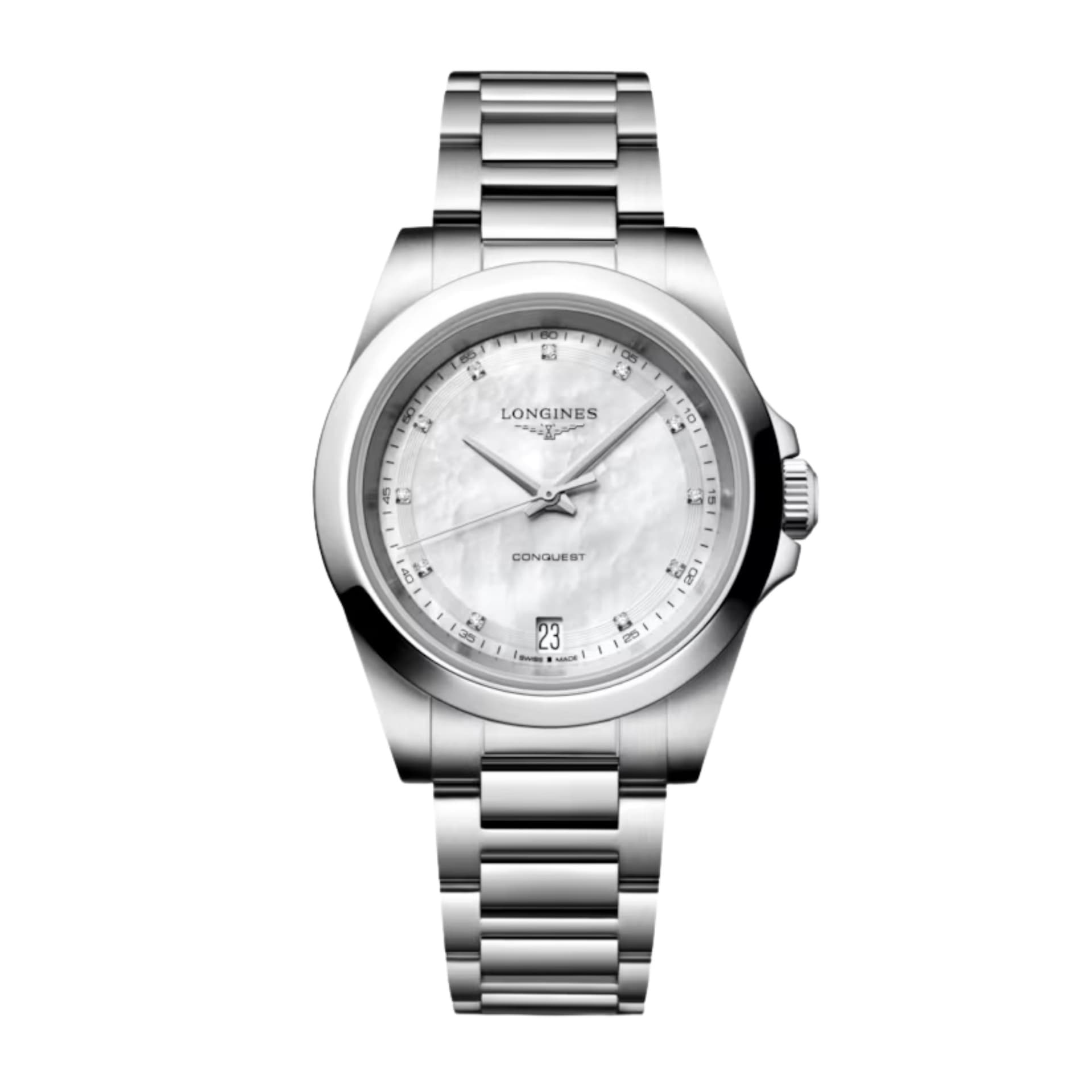 Longines Montre Longines Conquest quartz cadran nacre blanche diamant bracelet acier 34 mm
