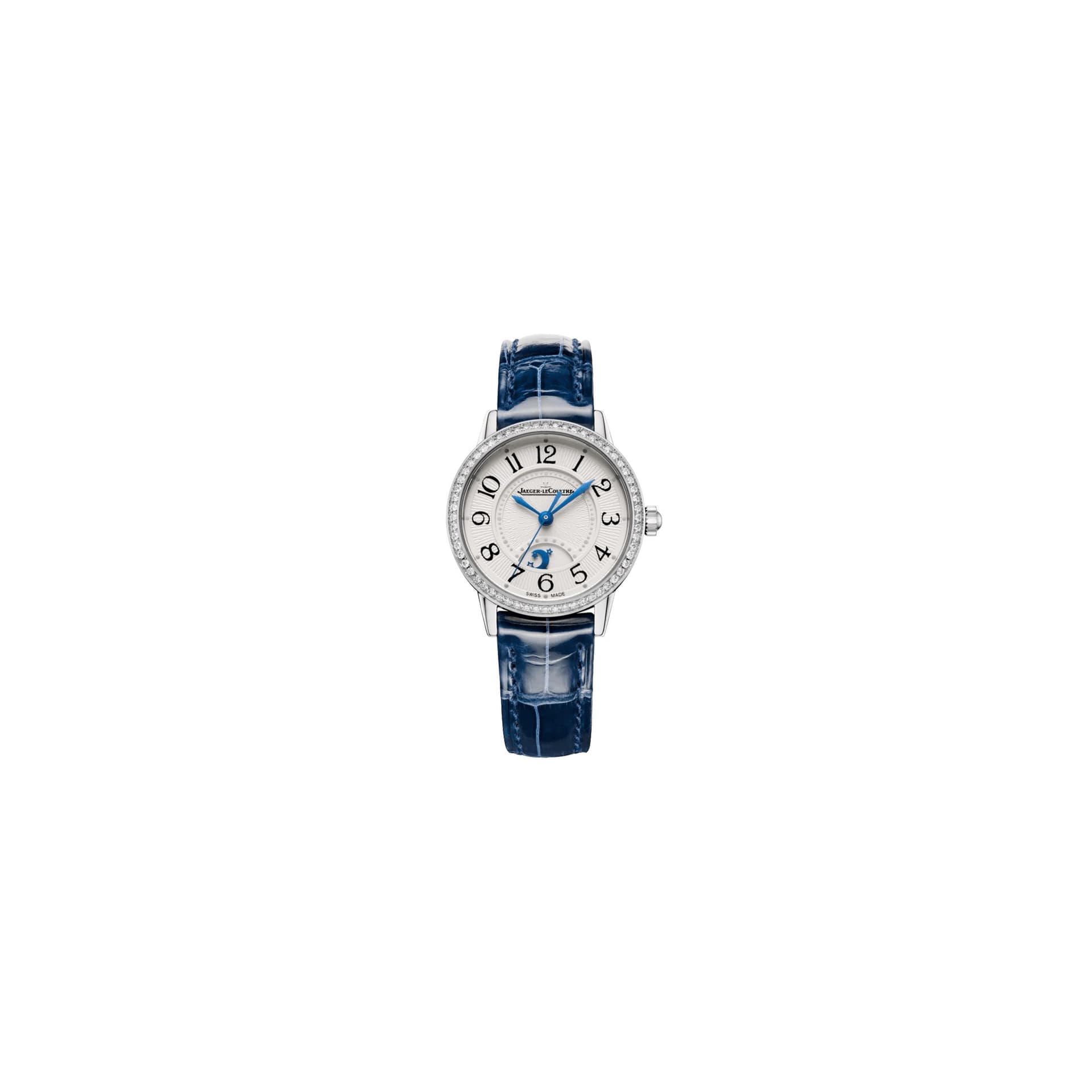 Jaeger-LeCoultre Montre Jaeger-LeCoultre Rendez-Vous Classic Night &amp; Day automatique lunette sertie cadran argent bracelet cuir bleu 29 mm