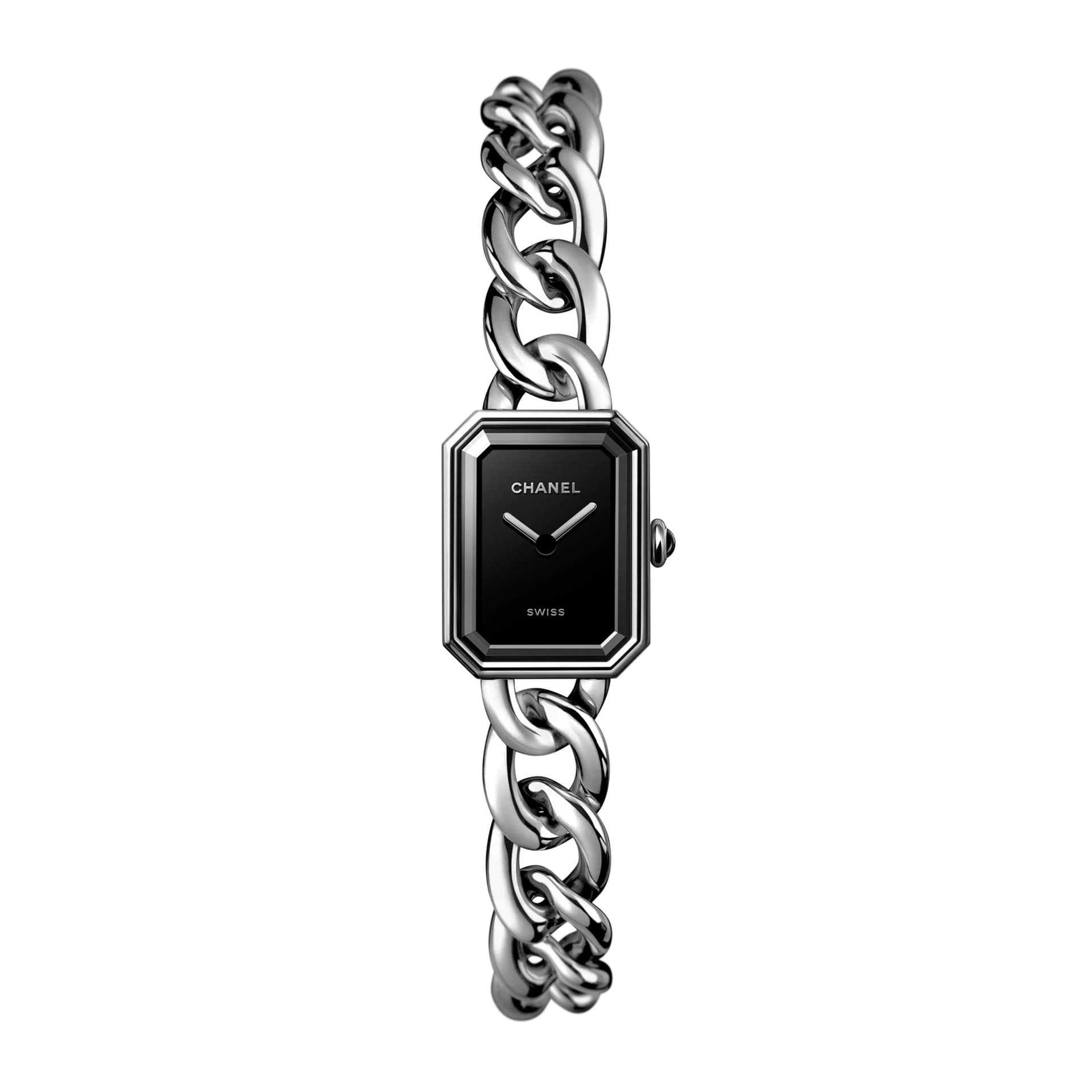 Chanel Montre CHANEL Première Chaîne Gourmette quartz cadran laqué noir bracelet acier Petit modèle