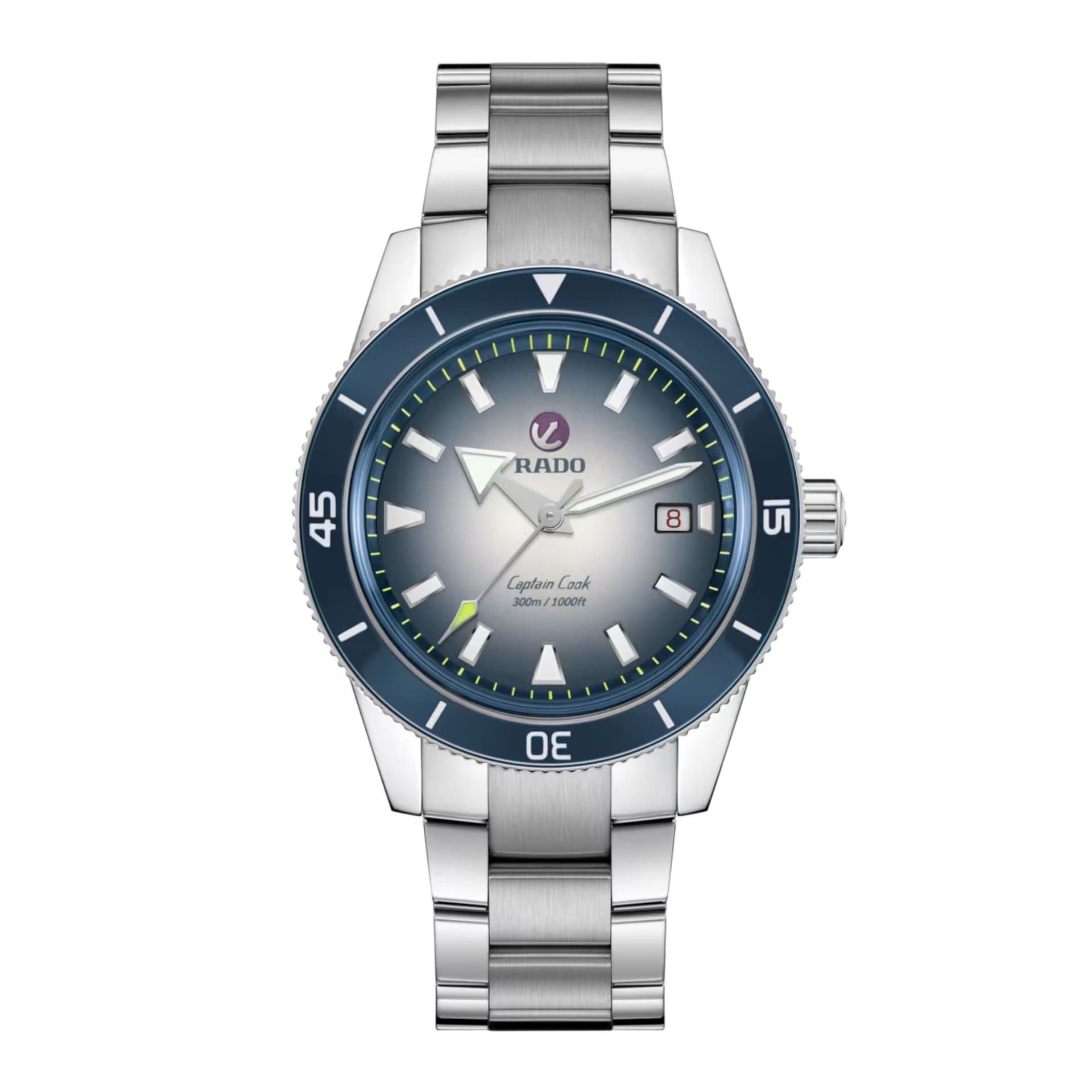 Rado Montre automatique Rado Captain Cook avec cadran bleu, bracelet en acier inoxydable, bracelet en cuir bleu et bracelet en tissu bleu et blanc, 42 mm