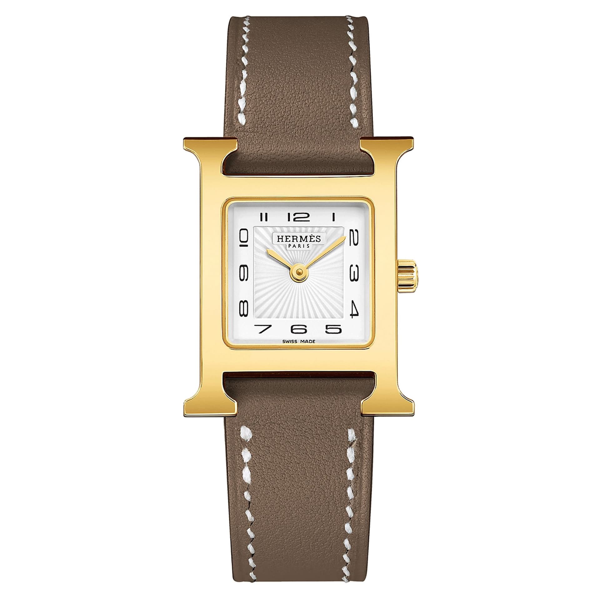 Hermès Montre HERMÈS Heure H Petit Modèle PVD quartz cadran blanc bracelet cuir taupe 25 mm