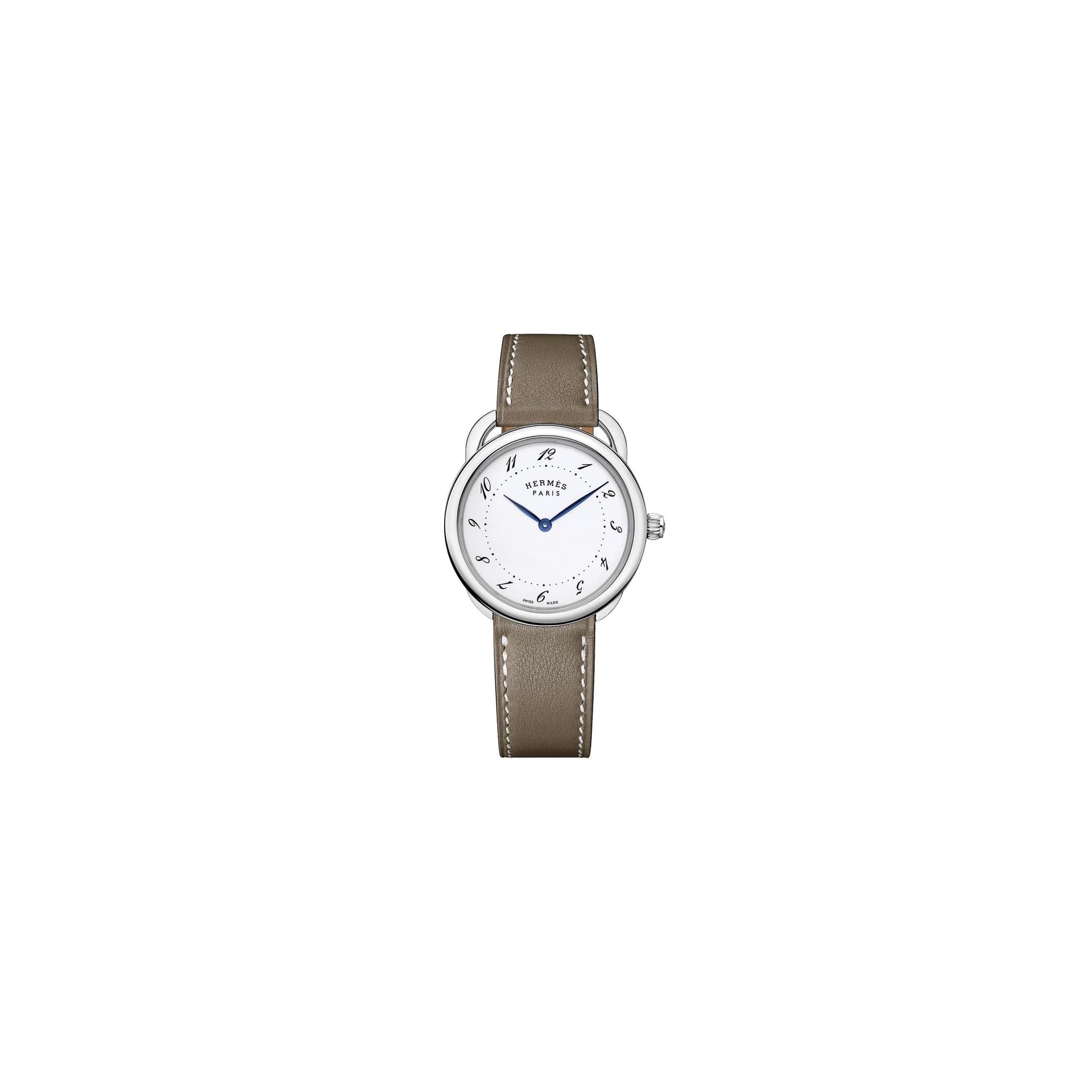 Hermès Montre HERMÈS Arceau Grand Modèle quartz cadran laqué blanc bracelet cuir taupe 36 mm