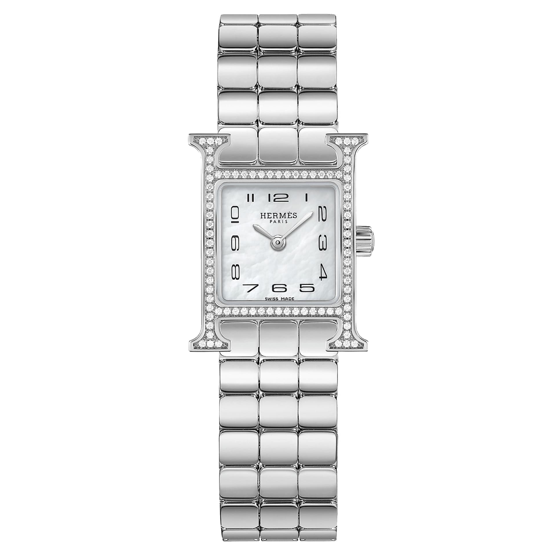 Hermès Montre HERMÈS Heure H Mini Modèle sertie quartz cadran nacre blanche bracelet acier 21 mm