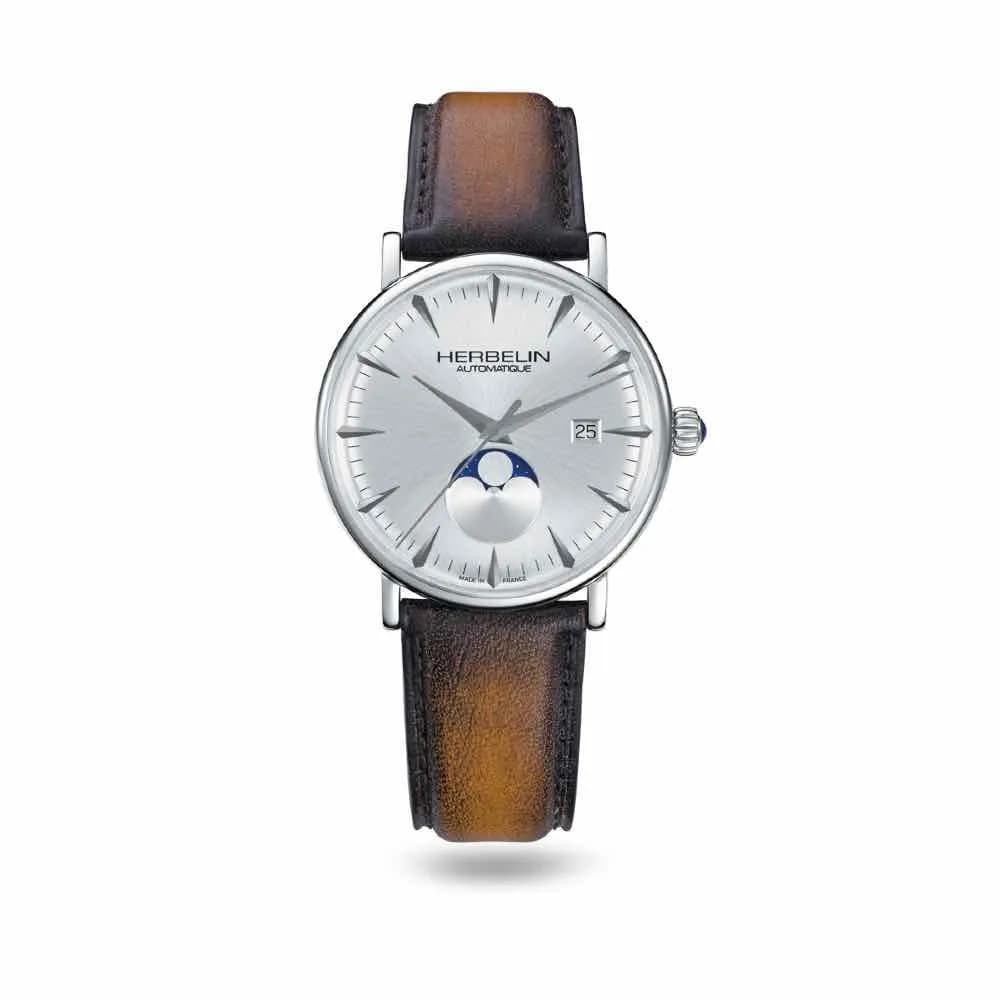 Michel Herbelin Montre Herbelin Inspiration Automatique Cadran Argent Bracelet Cuir - 1547/TN12GP