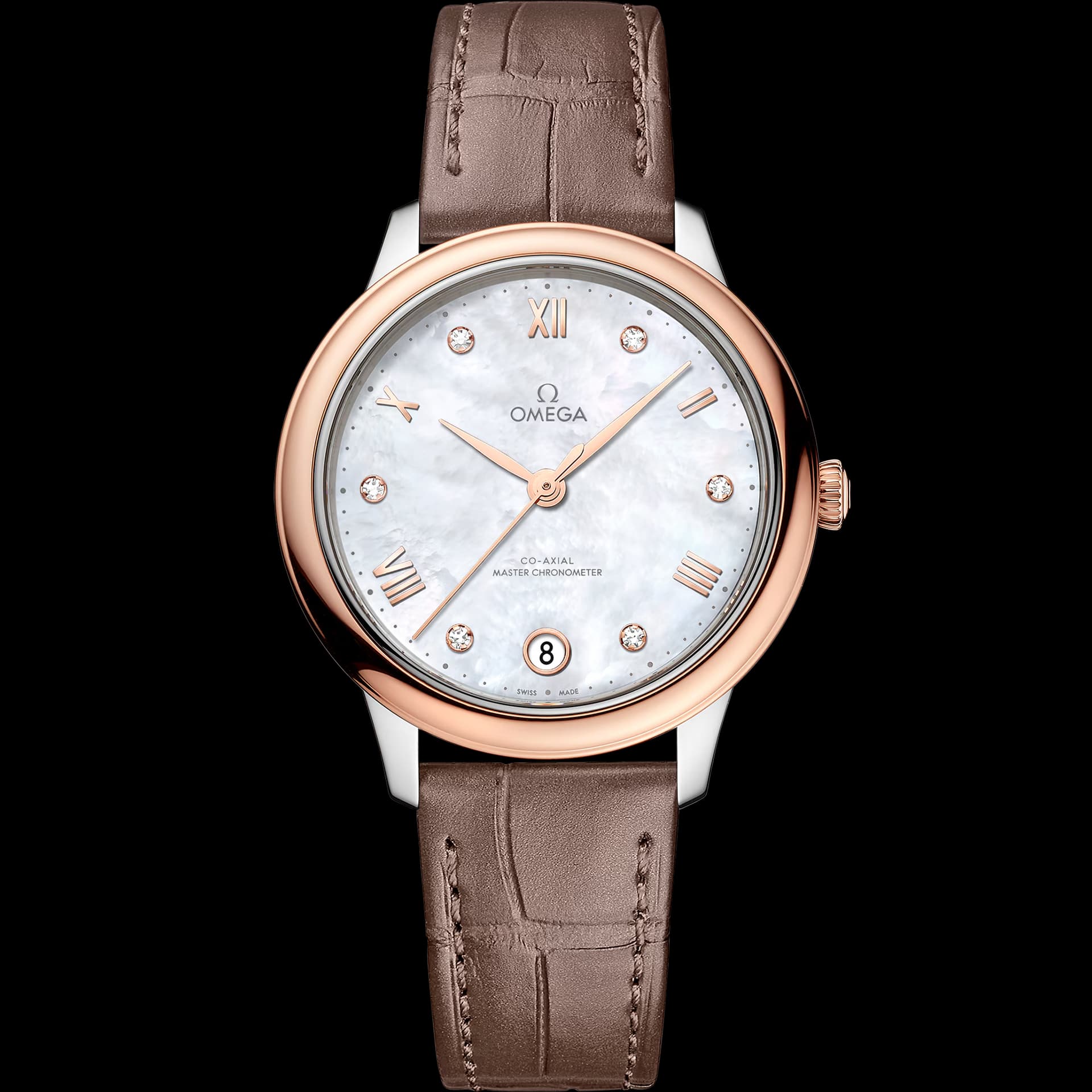 Omega De Ville 34 mm, acier - or « Sedna™ » sur bracelet en cuir