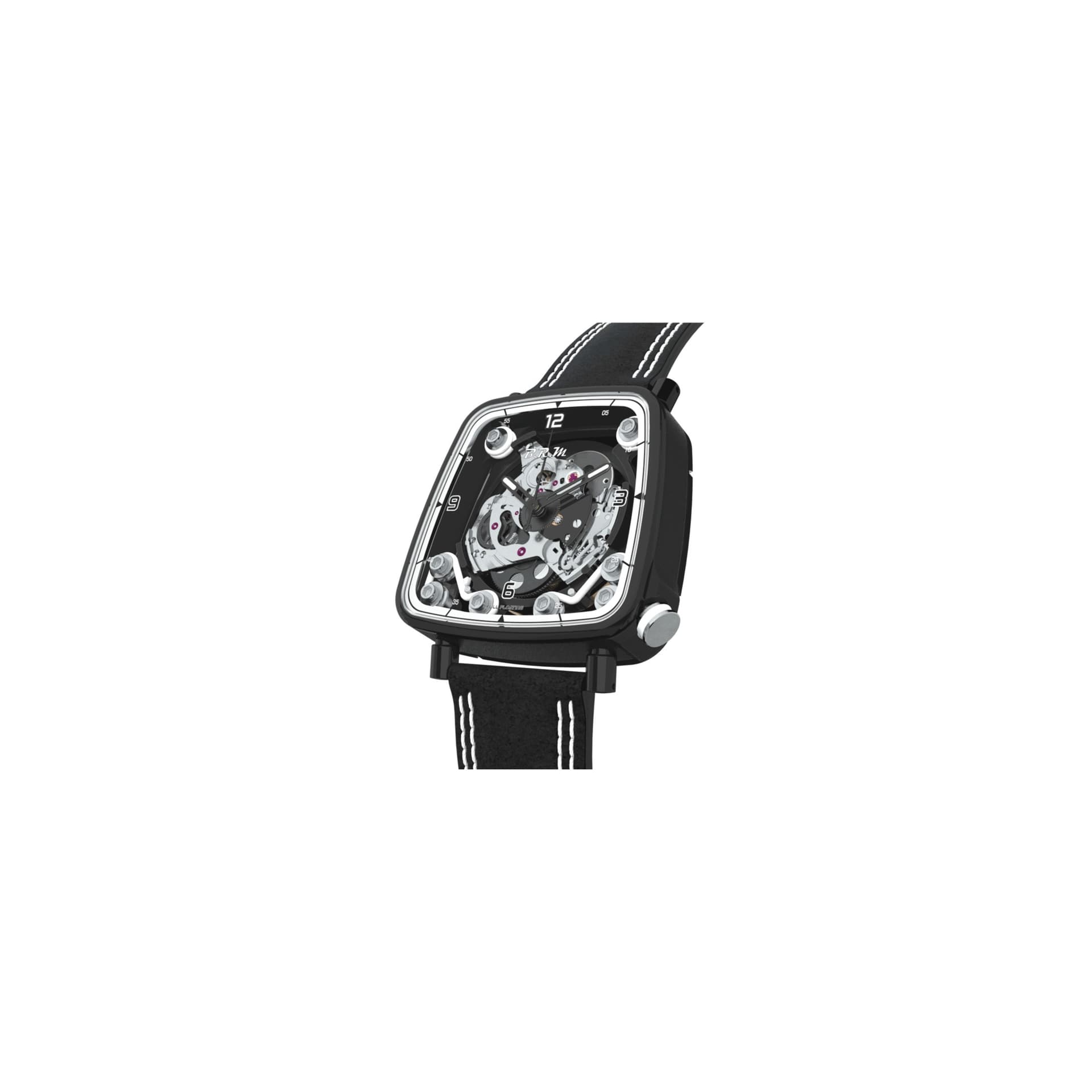 B.R.M Montre B.R.M FF39-40 automatique titane noir couronne laque blanche cadran squelette bracelet cuir Alcantara noir 40 mm
