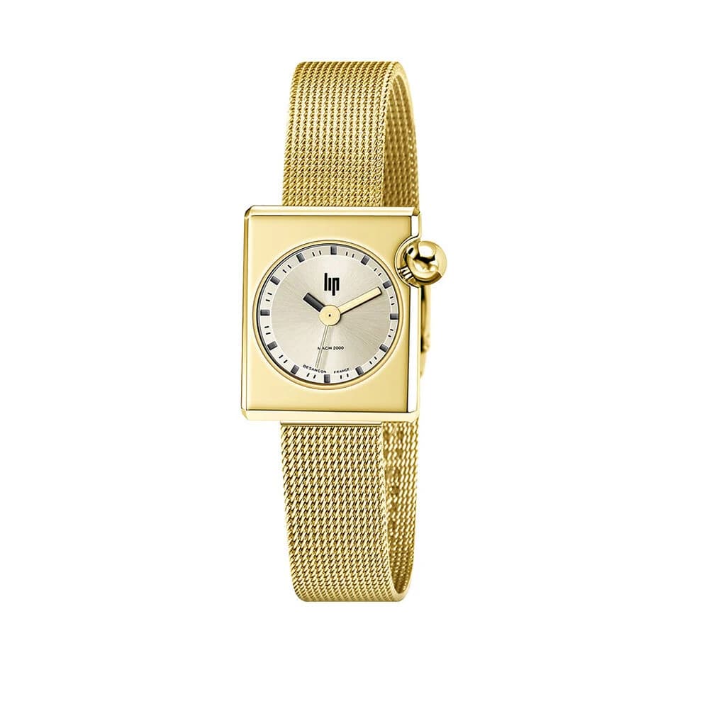 Lip Montre Lip Mach 2000 Mini Square - - cadran Argent- 30 x 28 mm - Acier PVD Doré -671177