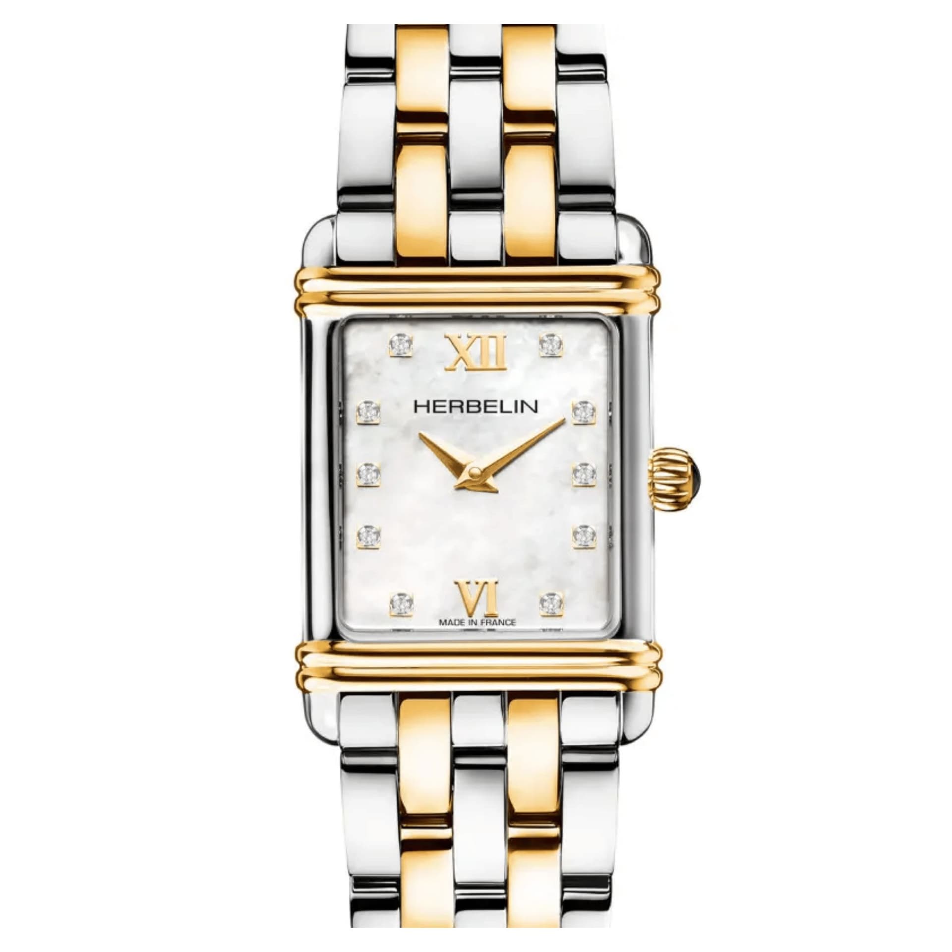 Michel Herbelin Montre Michel Herbelin Art Déco quartz cadran nacre blanche index diamants bracelet acier et PVD Or jaune 20,30 x 24,40 mm