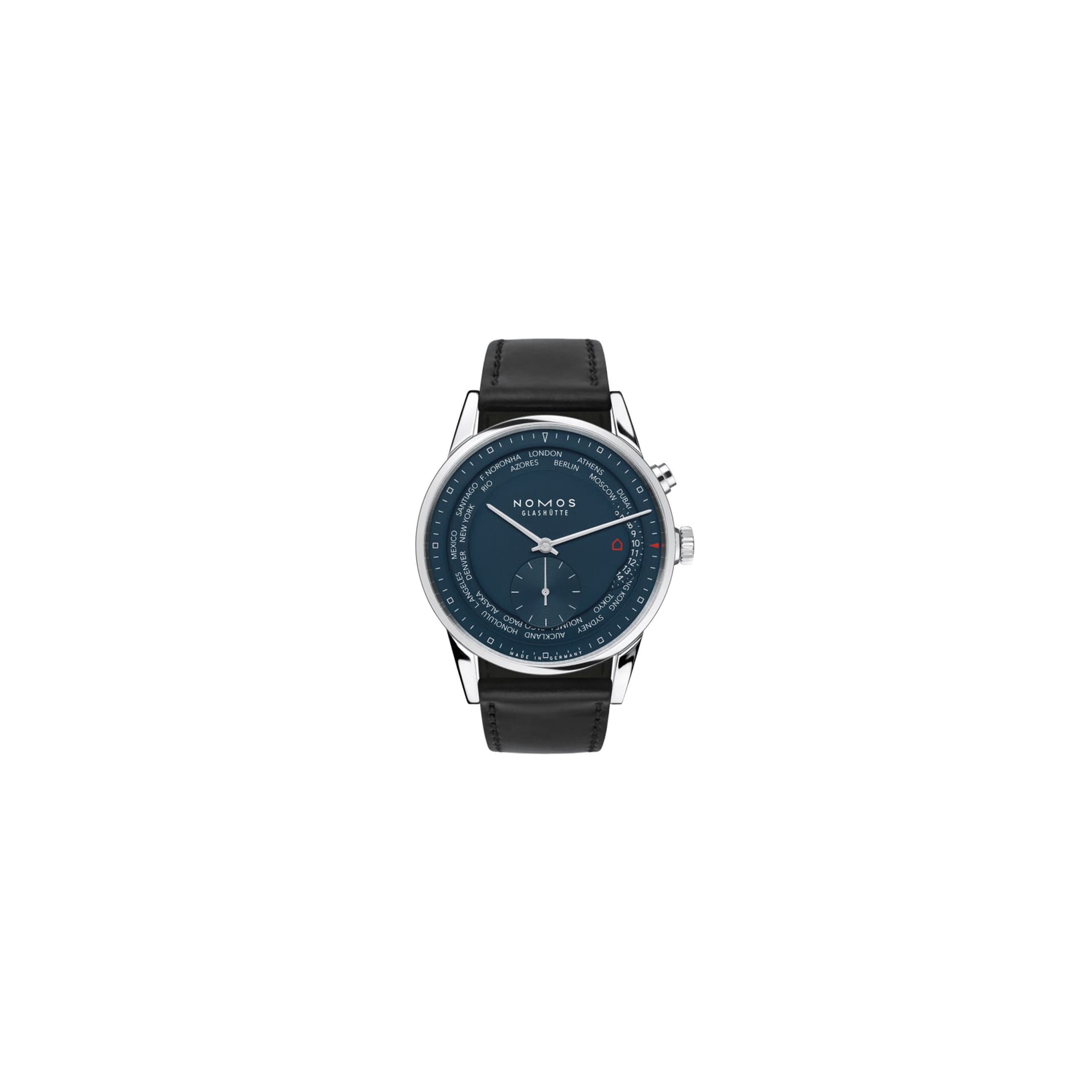 Nomos Montre NOMOS Zürich world time automatique cadran bleu nuit bracelet cuir véritable noir 39,9 mm