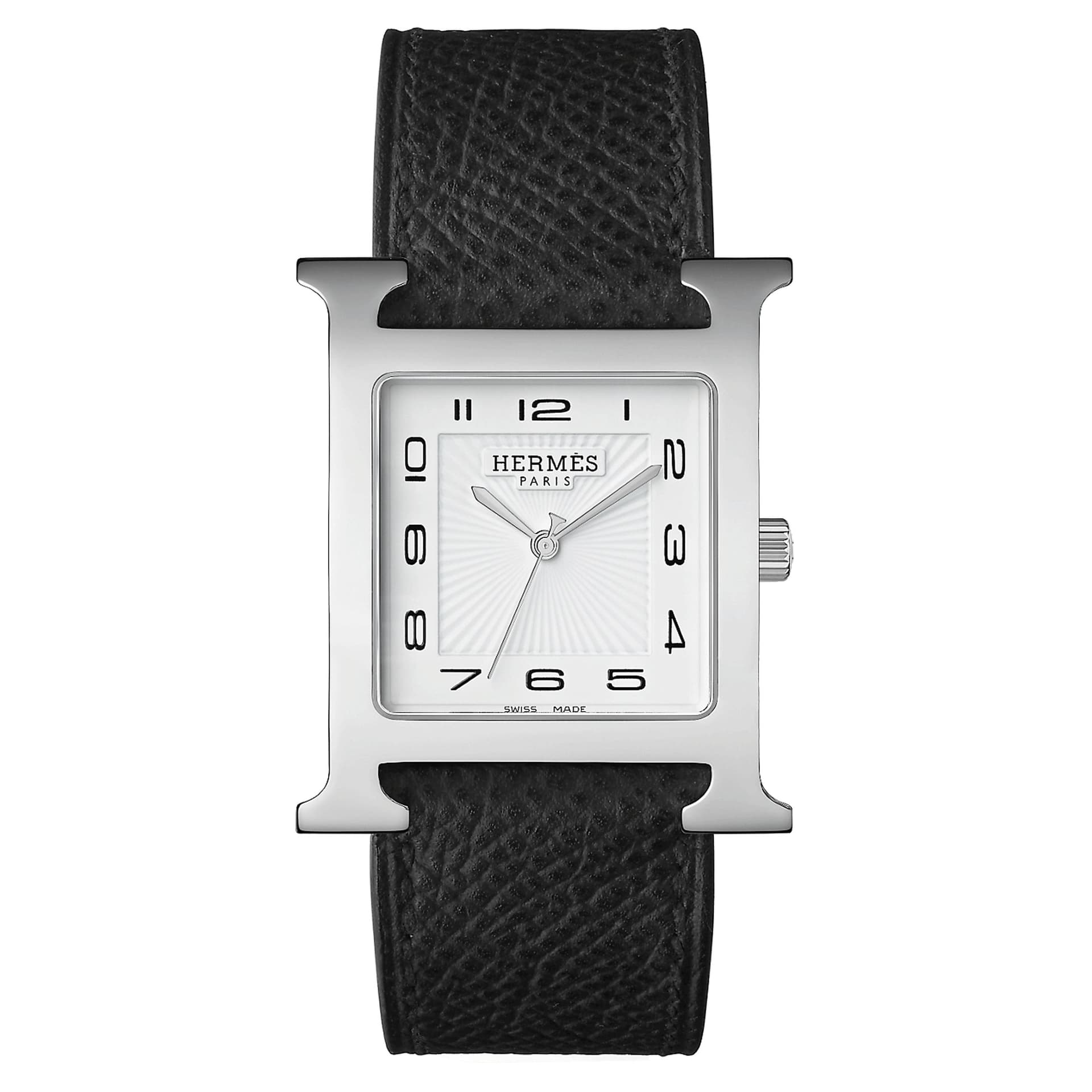 Hermès Montre HERMÈS Heure H Grand Modèle quartz cadran blanc bracelet cuir noir 34 mm
