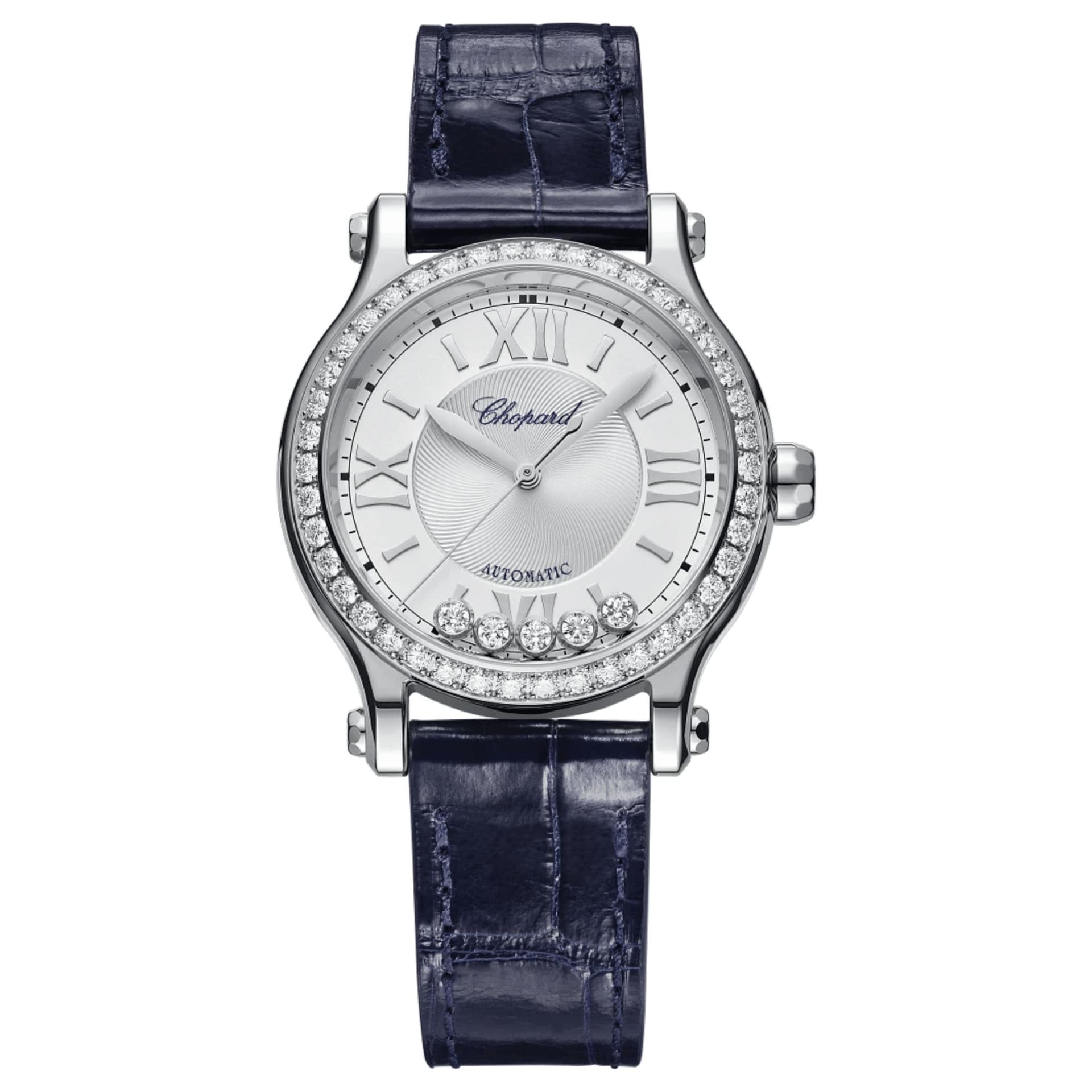 Chopard Montre Chopard Happy Sport automatique lunette sertie cadran argenté bracelet cuir bleu 33 mm