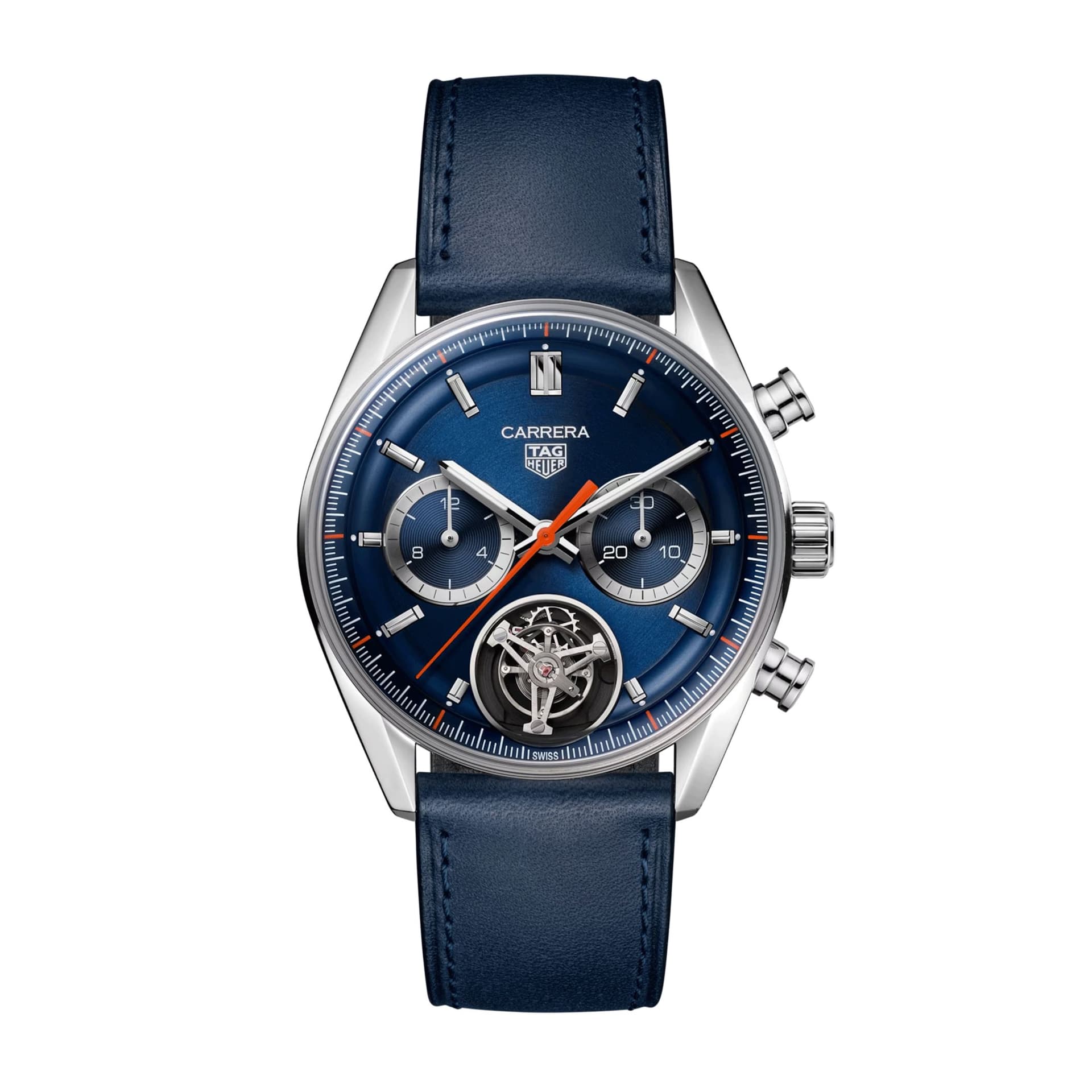 TAG Heuer Montre TAG Heuer Carrera Chronograph Tourbillon automatique cadran bleu bracelet cuir bleu 42 mm