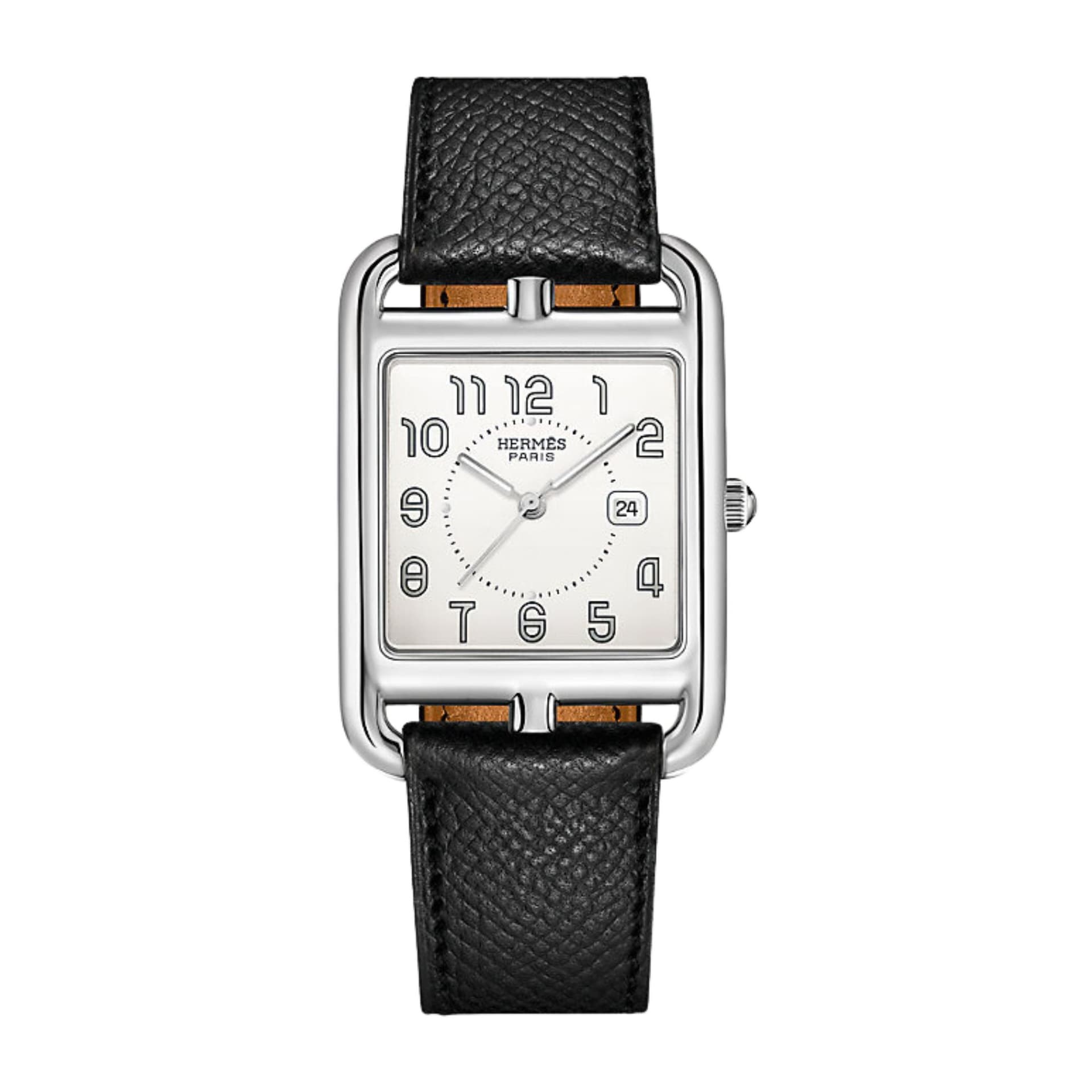 Hermès Montre HERMÈS Cape Cod Grand Modèle quartz cadran argenté bracelet cuir noir 37 mm