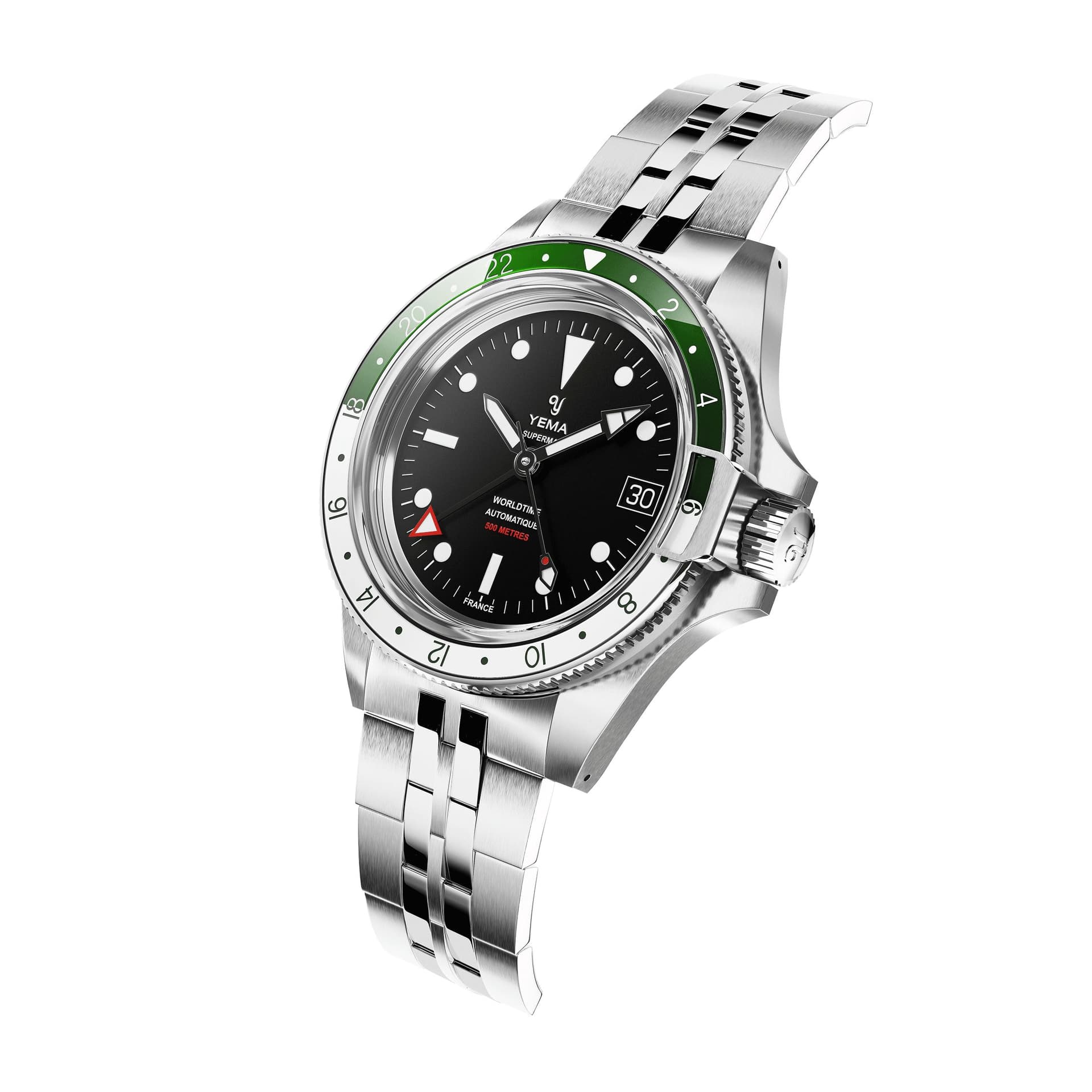 Yema Montre Yema Superman 500 GMT automatique lunette verte et blanche cadran noir bracelet acier 39 mm