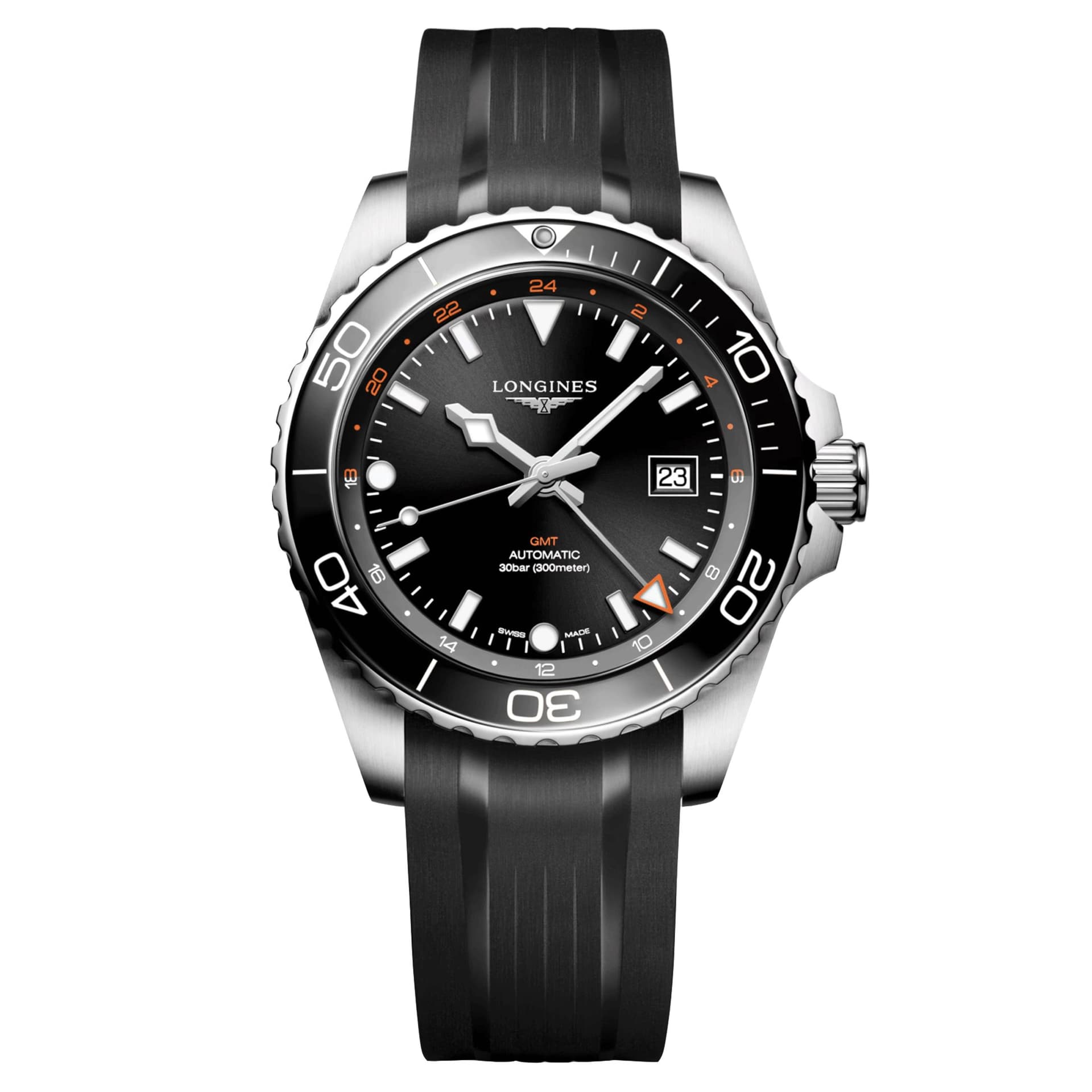 Longines Montre Longines Hydroconquest GMT automatique cadran noir bracelet caoutchouc noir 43 mm