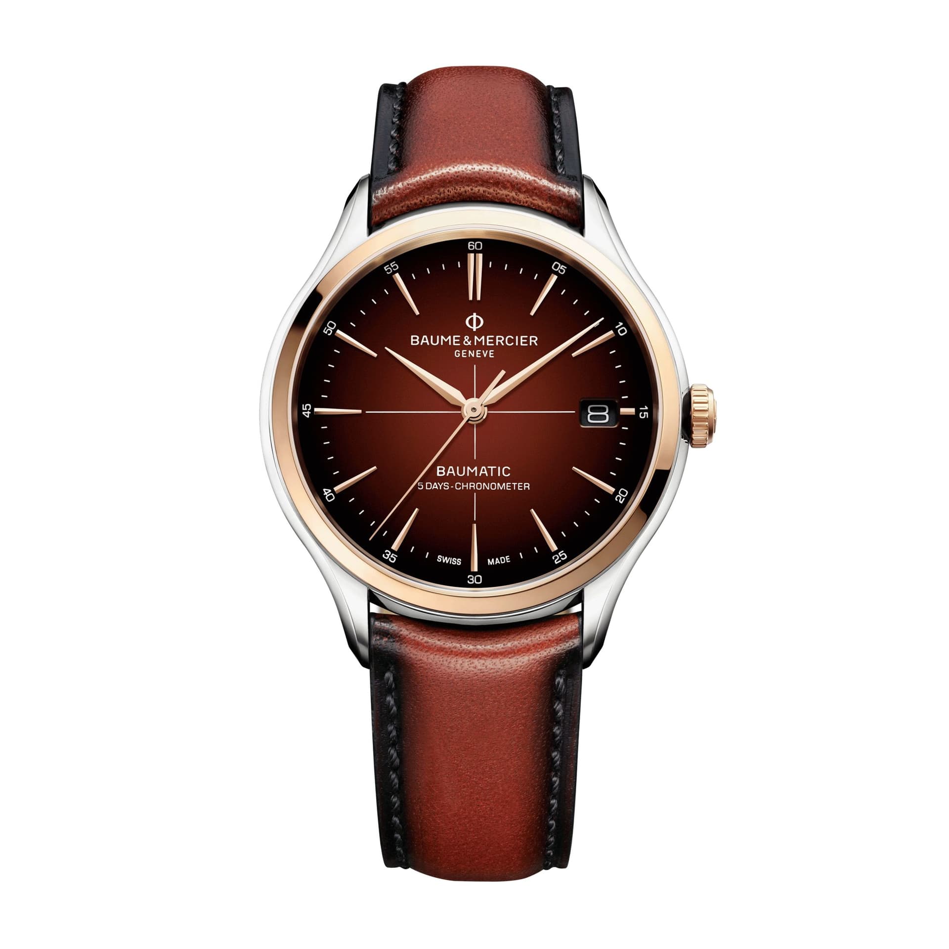 Baume & Mercier Montre Baume et Mercier Clifton Baumatic COSC automatique cadran chocolat bracelet cuir marron 40 mm