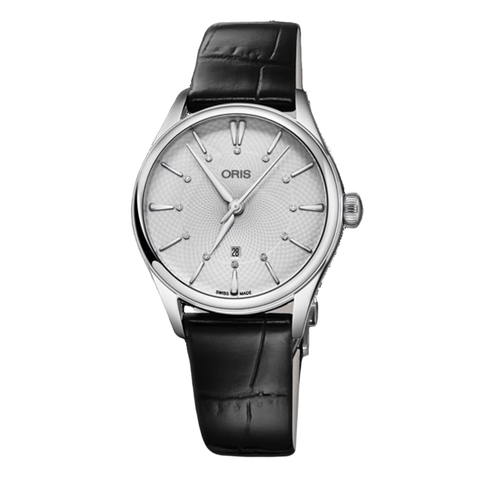 Oris Montre Oris Artelier Date Diamonds automatique cadran argenté bracelet cuir alligator noir 33 mm