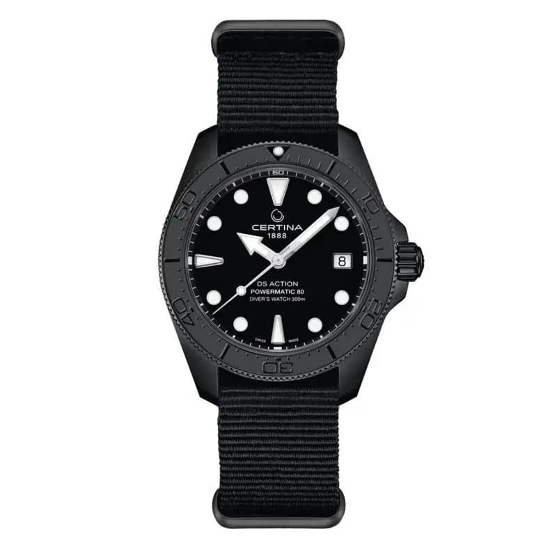 Certina Montre Certina DS Action Diver 38mm Powermatic 80 Cadran Noir Bracelet NATO