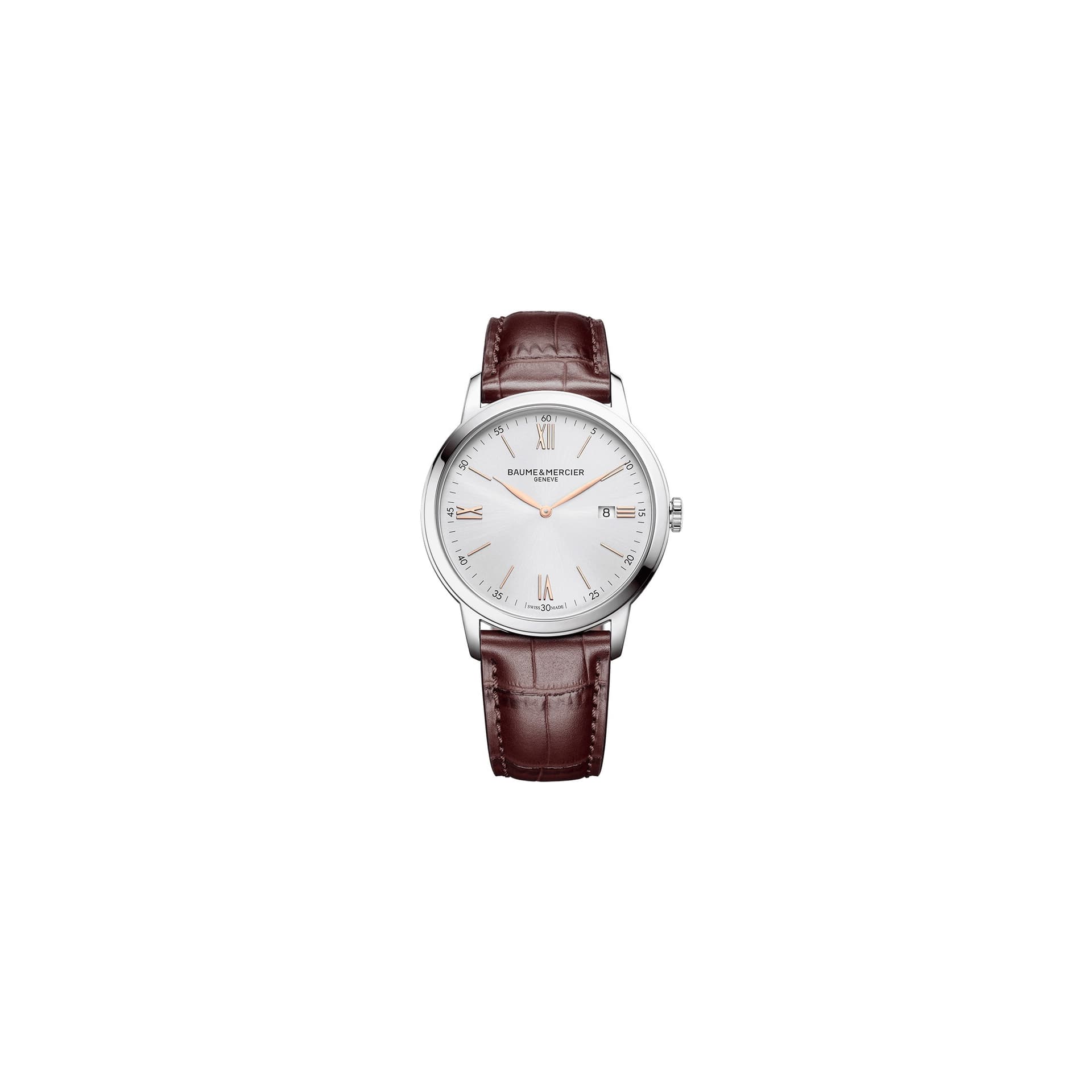 Baume & Mercier Montre Baume et Mercier Classima quartz cadran argenté bracelet cuir veau brun 42 mm