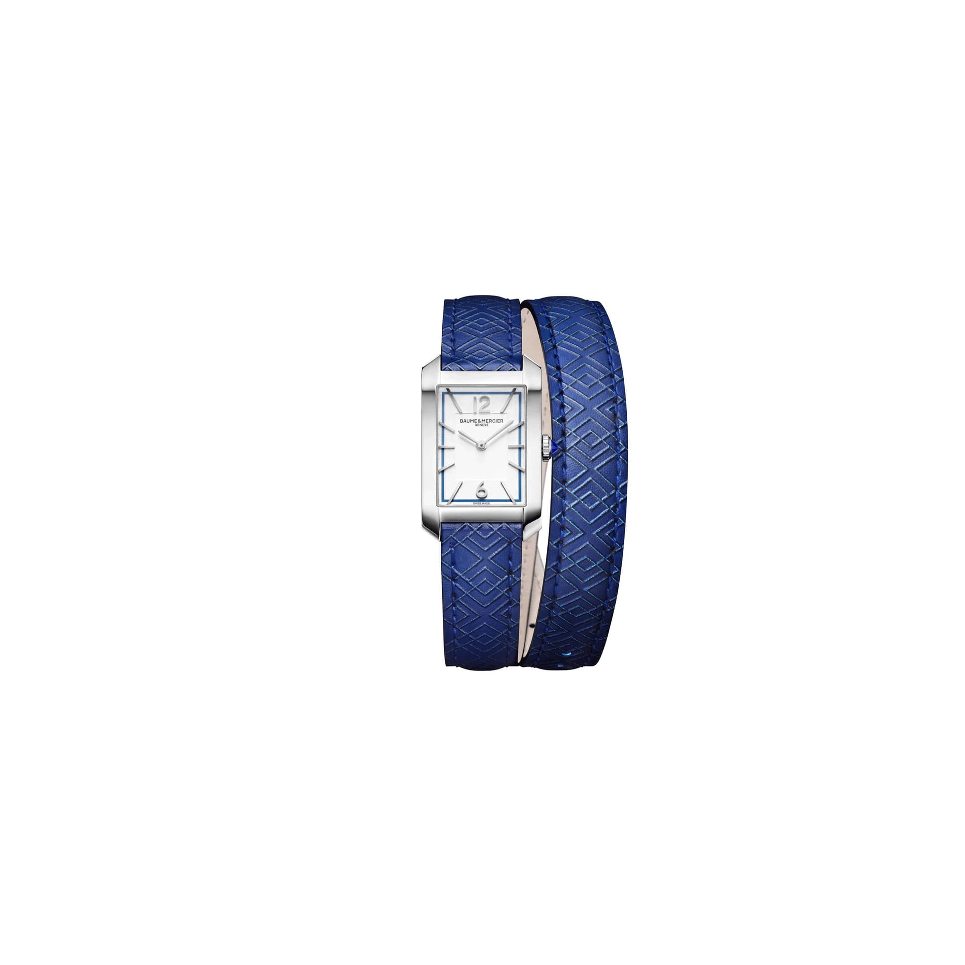 Baume & Mercier Montre Baume et Mercier Hampton quartz cadran argenté bracelet double-tour cuir bleu 35 x 22 mm